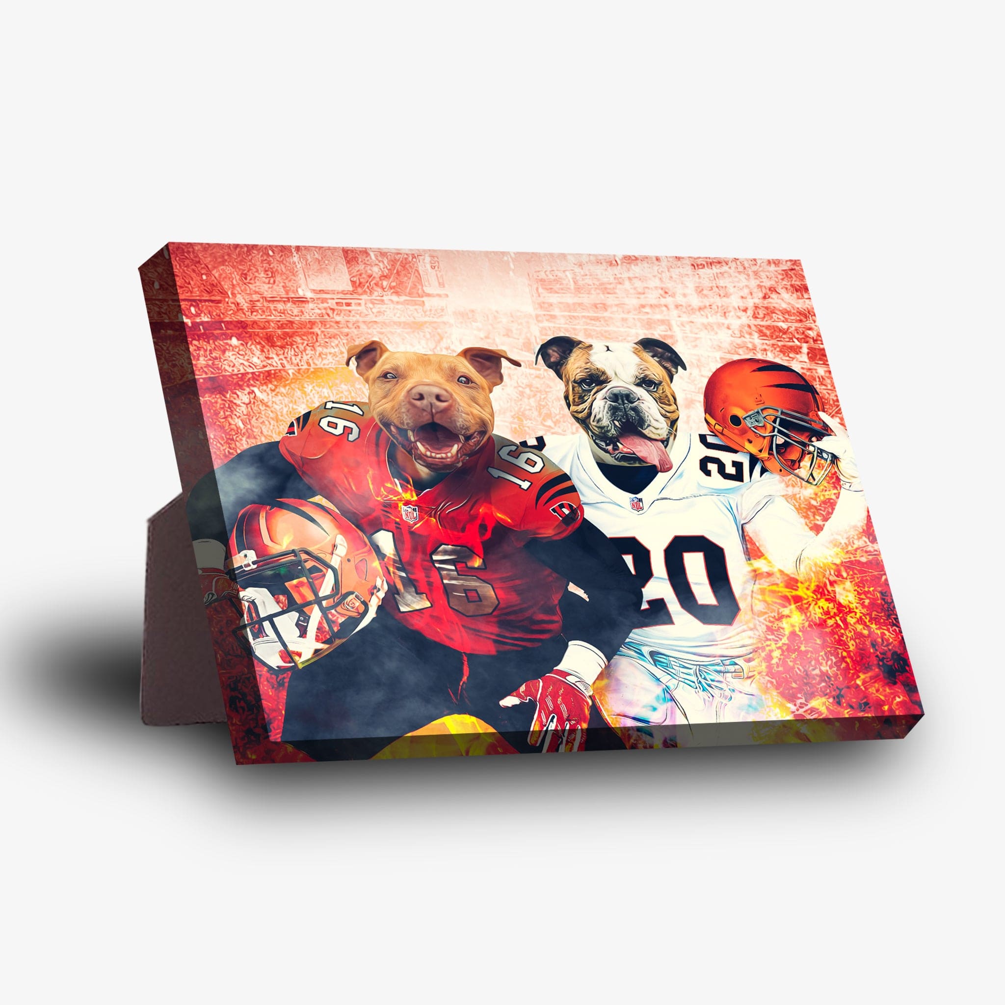 Personalized 'Cincinnati Doggos' standing canvas featuring two pets as football players in red and white jerseys.