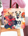 Personalized tote bag with two pet dog portraits in football uniforms, a pit bull and a bulldog.
