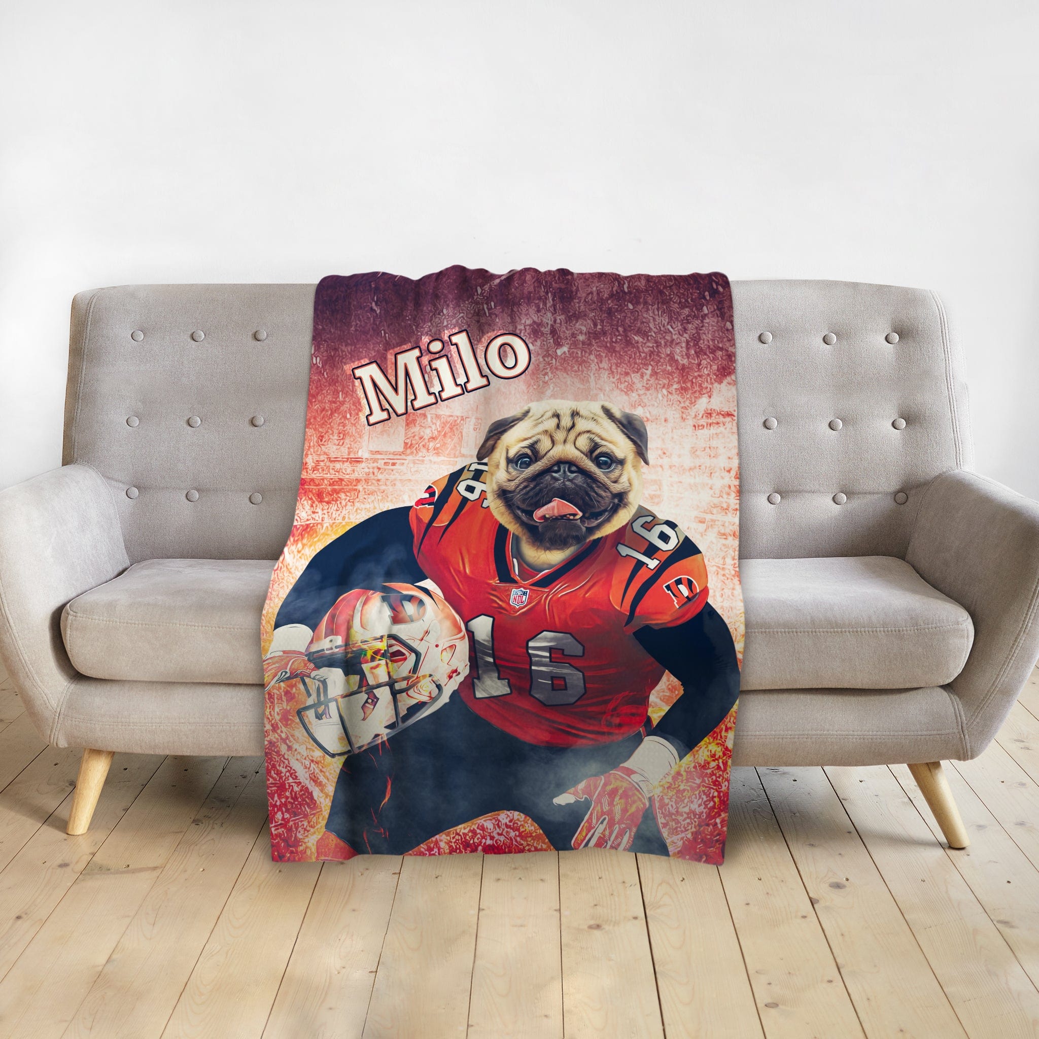 Personalized pet blanket with a pug in a football uniform, named Milo, on a red distressed background.