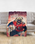 Personalized pet blanket with a pug in a football uniform, named Milo, on a red distressed background.