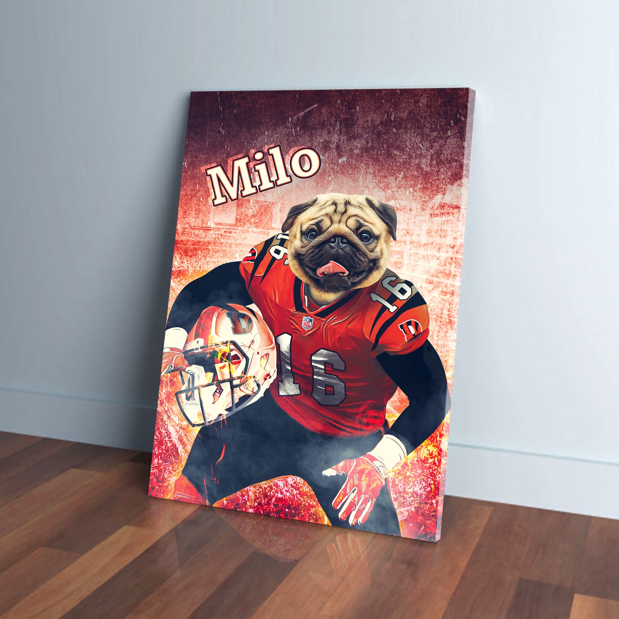 Personalized pet canvas featuring a pug in a red football uniform with "Milo" at the top.