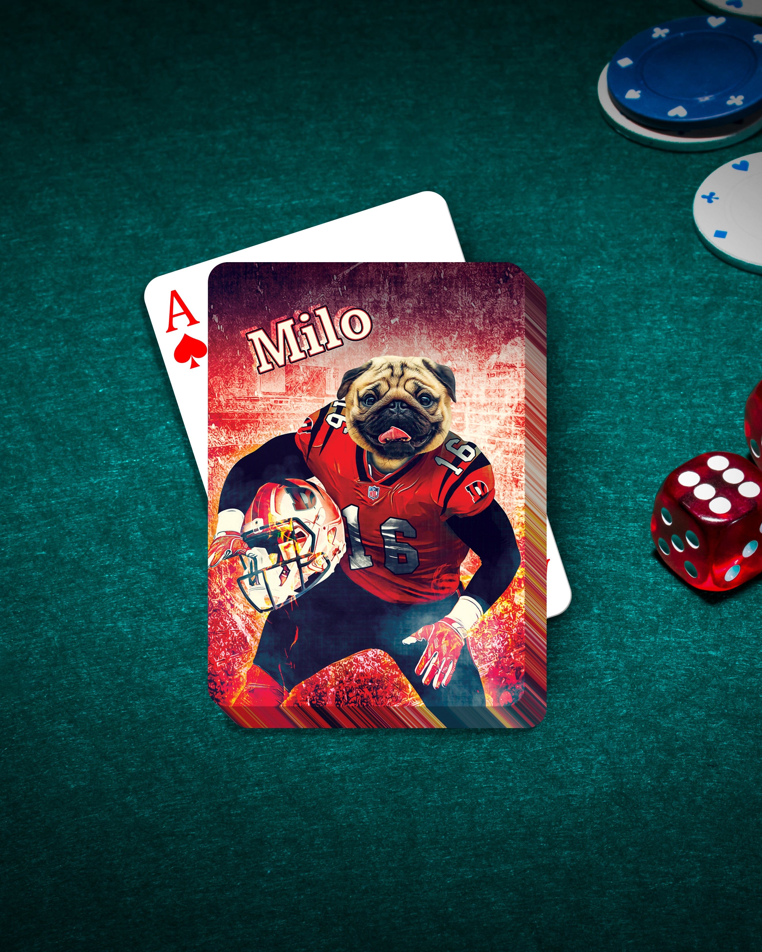 Personalized playing cards featuring a pug pet portrait in a football uniform on a green felt table.