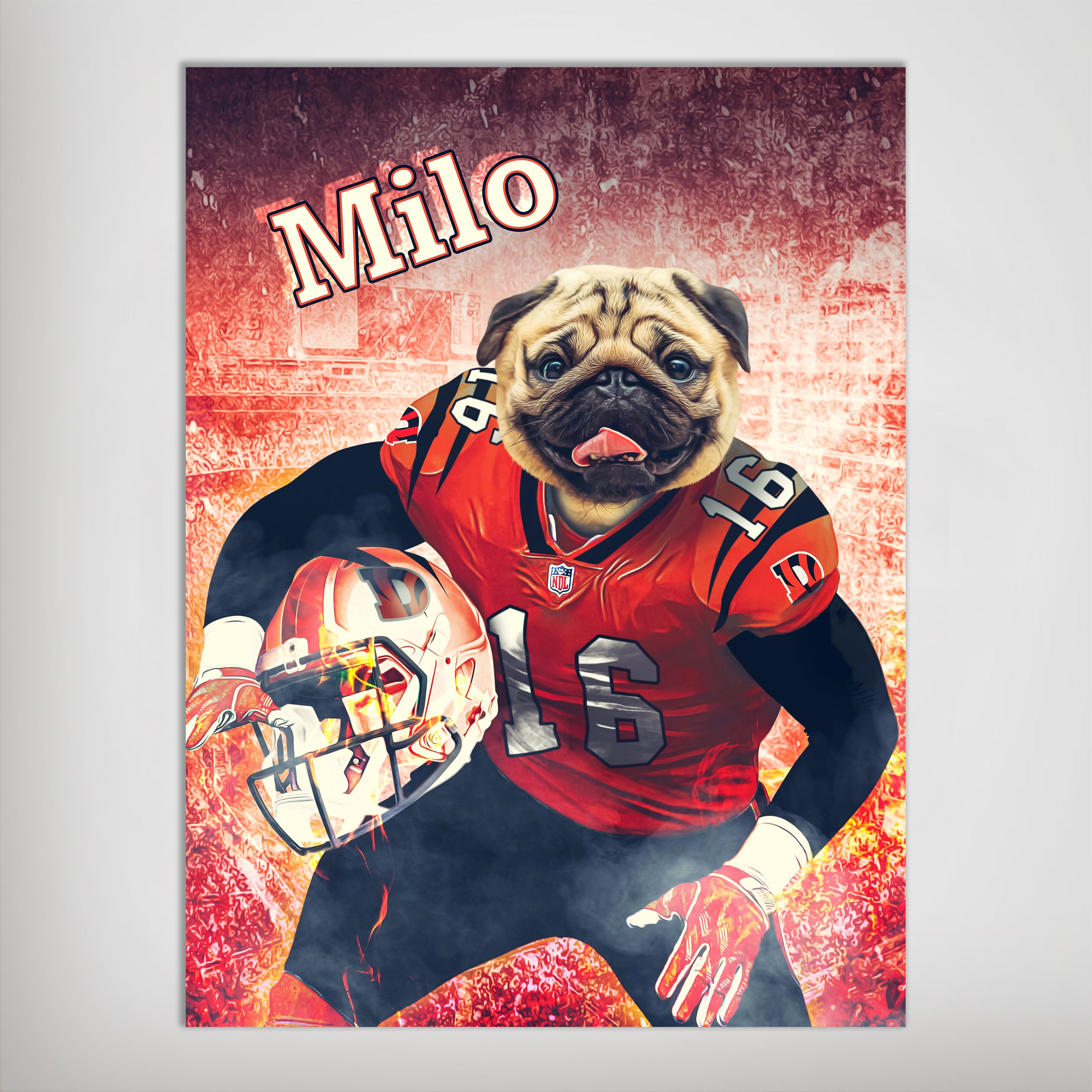 Personalized matte poster featuring a pug's head on a football player's body in a red and black uniform.