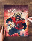Personalized pet puzzle featuring a pug in a red football uniform, named "Milo," on a wooden table.