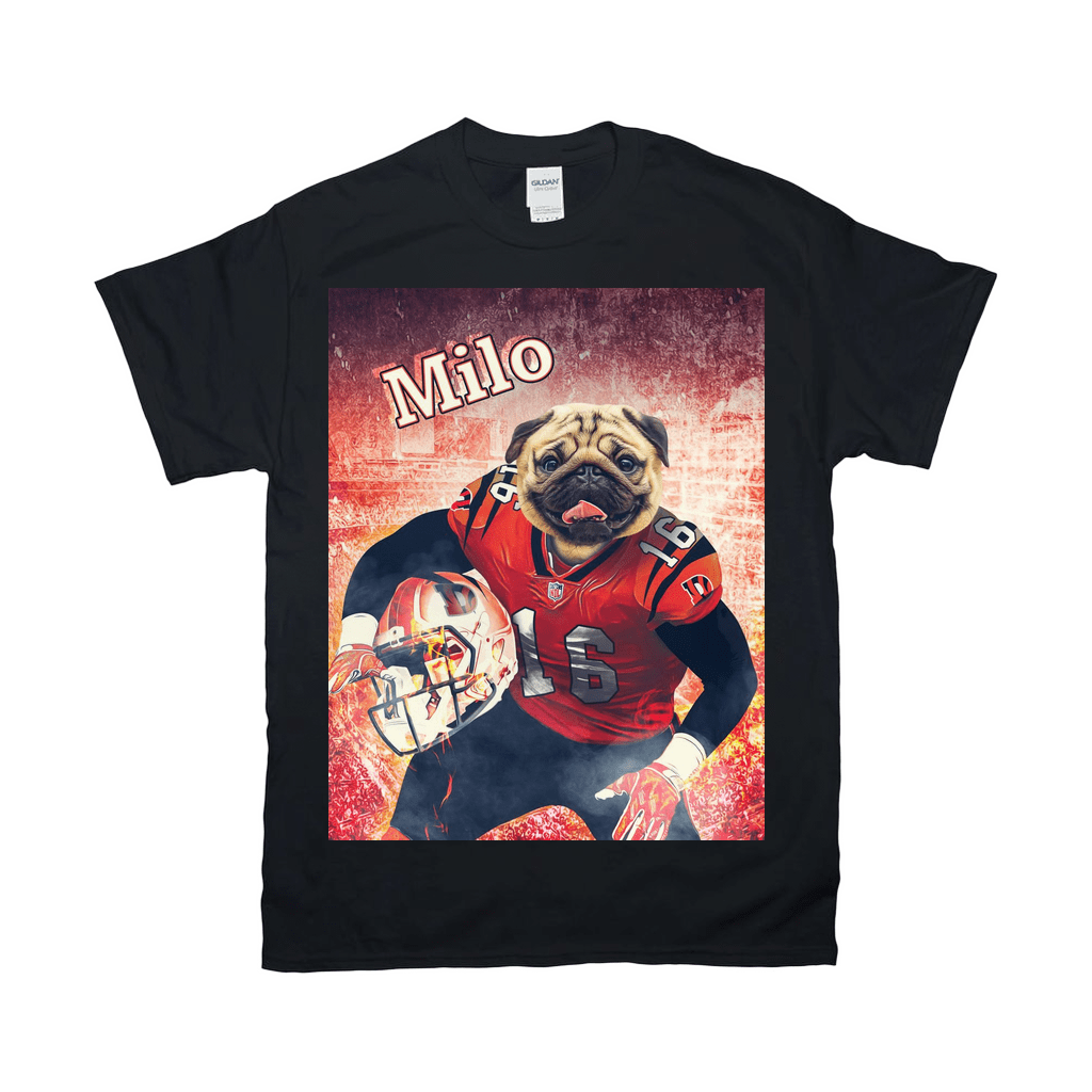 Black Gildan t-shirt featuring a pug in a red football uniform with "Milo" above it.