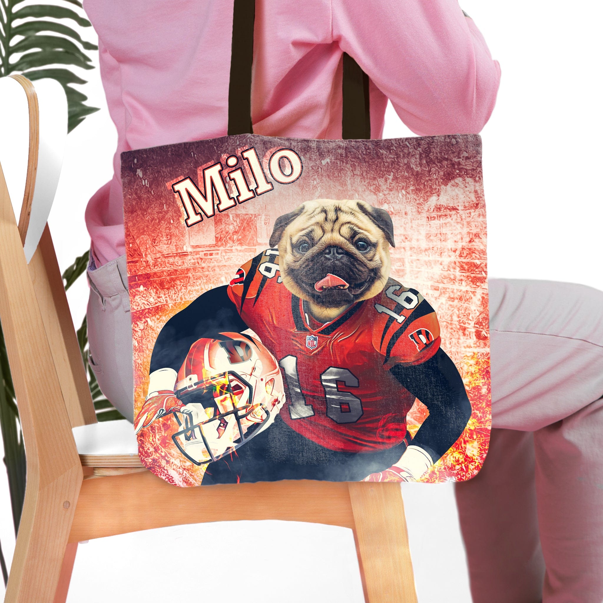 Personalized tote bag with a custom pug dog portrait in a red football uniform, named "Milo".