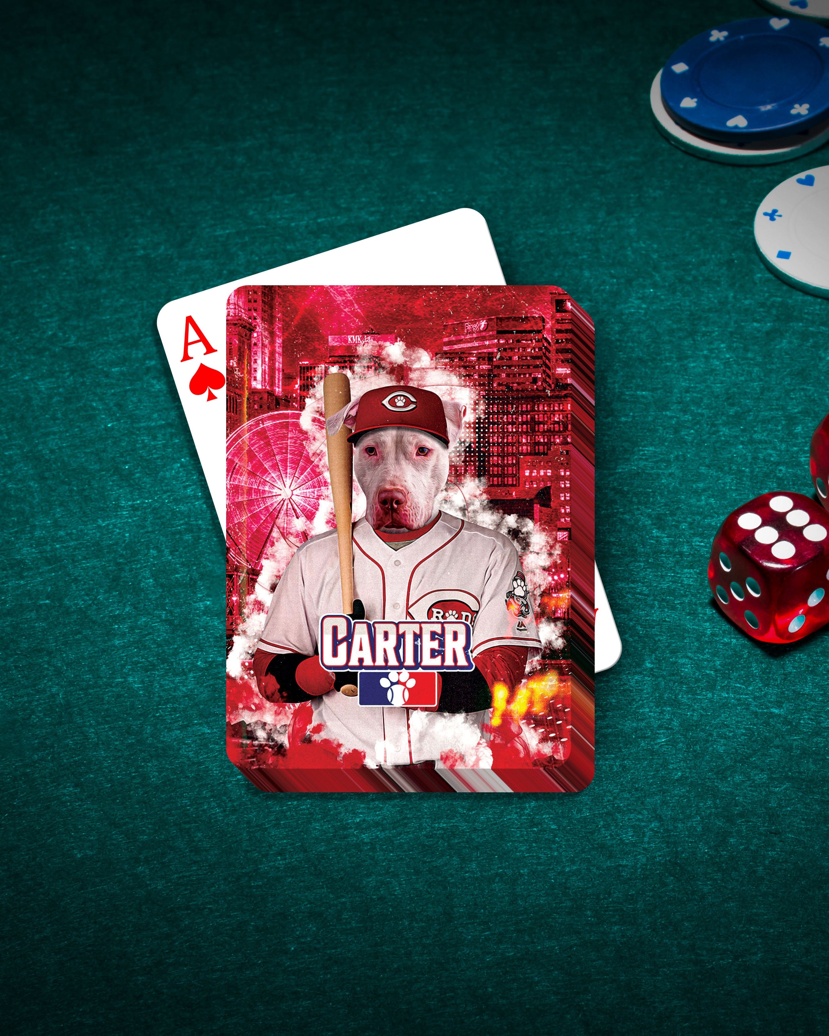 Personalized playing card featuring a dog in a baseball uniform with a red Cincinnati skyline background.