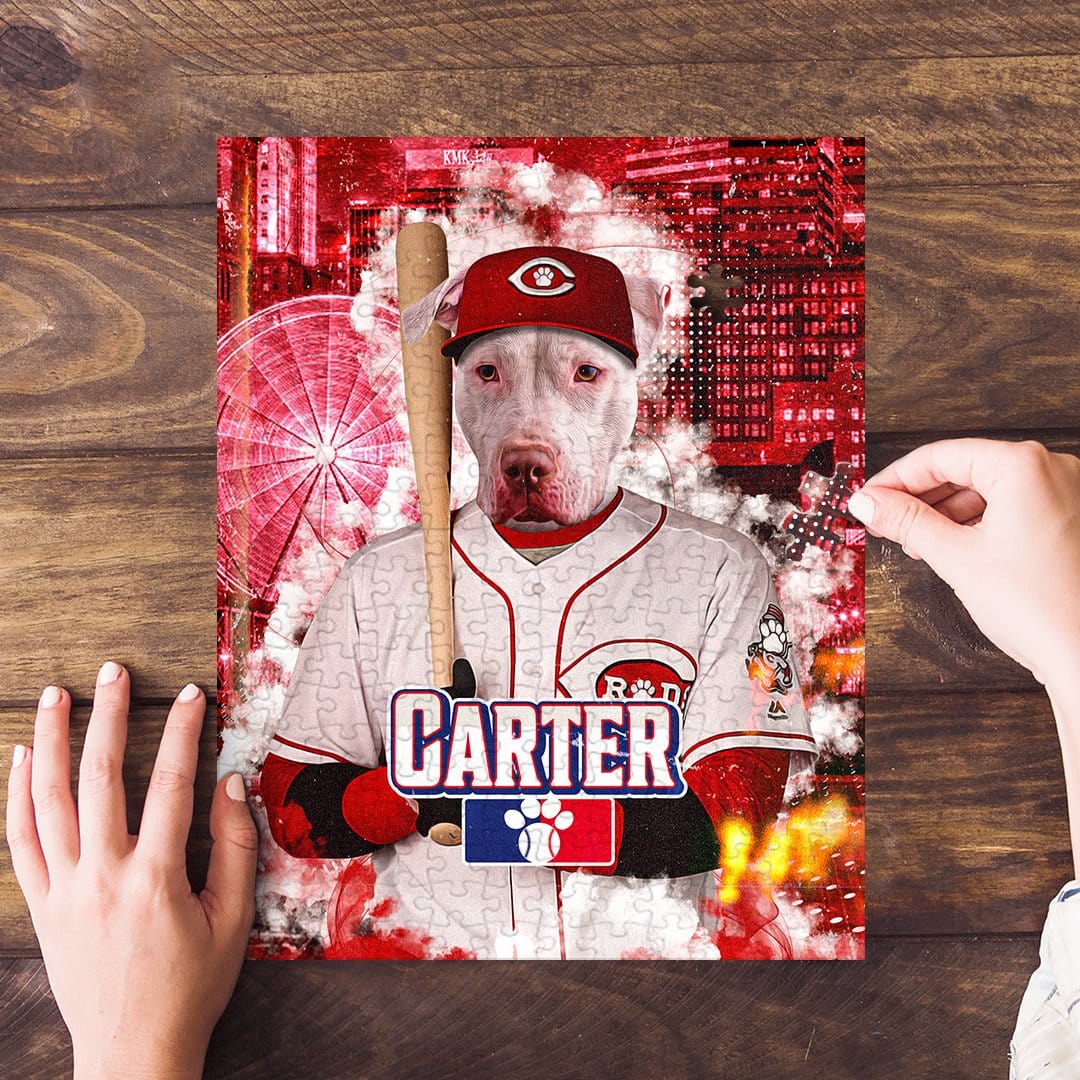 Personalized pet puzzle featuring a white pit bull in a Cincinnati Reds baseball uniform.