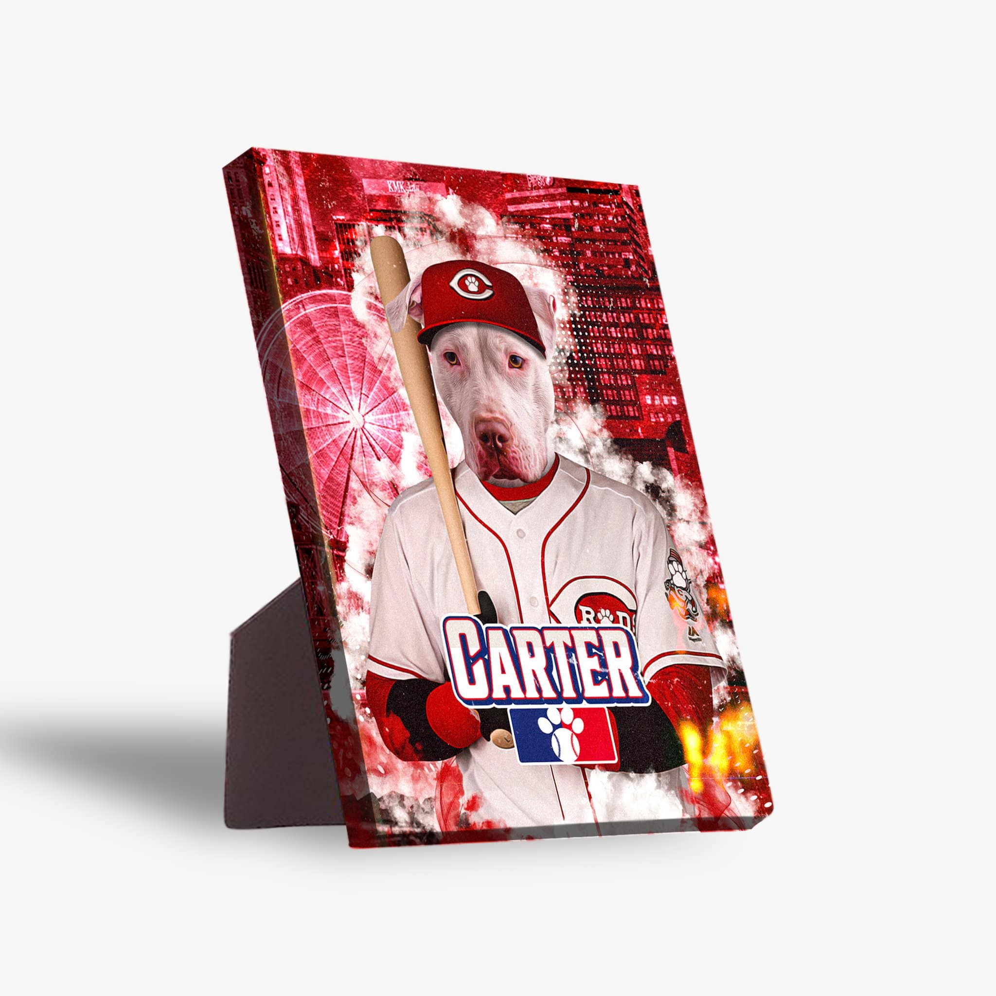 Personalized pet standing canvas featuring a white dog in a Cincinnati Reds baseball uniform with "CARTER" on the back.