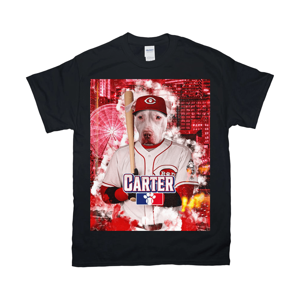 Black personalized pet t-shirt featuring a white dog in a Cincinnati Reds baseball uniform holding a bat.