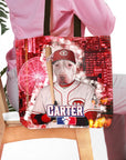 Personalized tote bag with a custom dog portrait in a Cincinnati Reds baseball uniform.