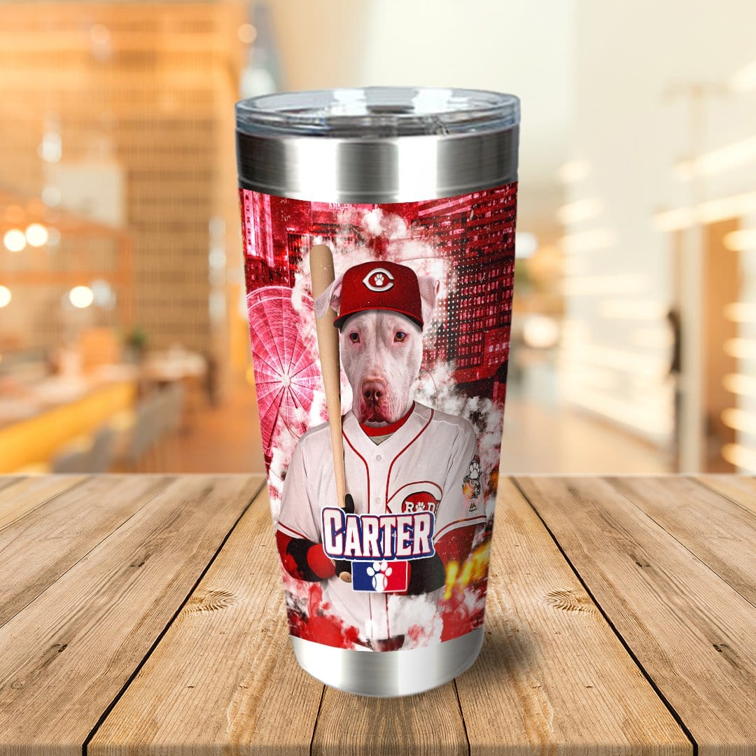 Personalized stainless steel tumbler with a custom dog portrait in a Cincinnati Reds baseball uniform.