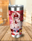 Personalized stainless steel tumbler with a custom dog portrait in a Cincinnati Reds baseball uniform.