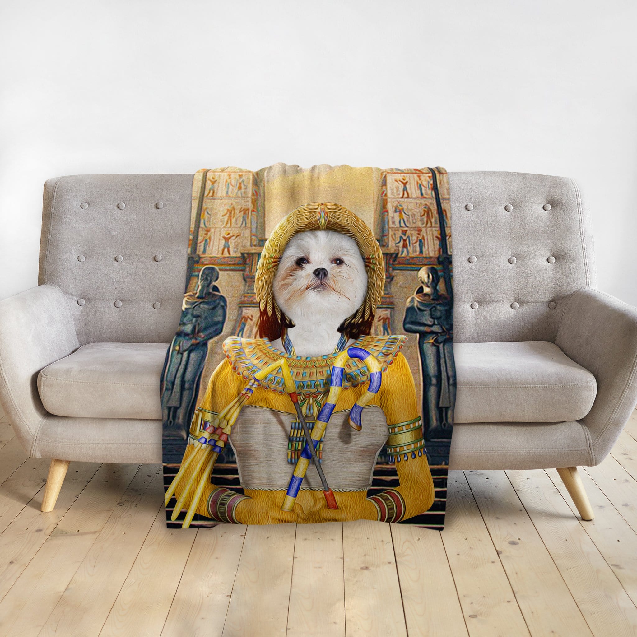 Personalized "Cleopawtra" pet portrait blanket featuring a Shih Tzu in an Egyptian queen costume.