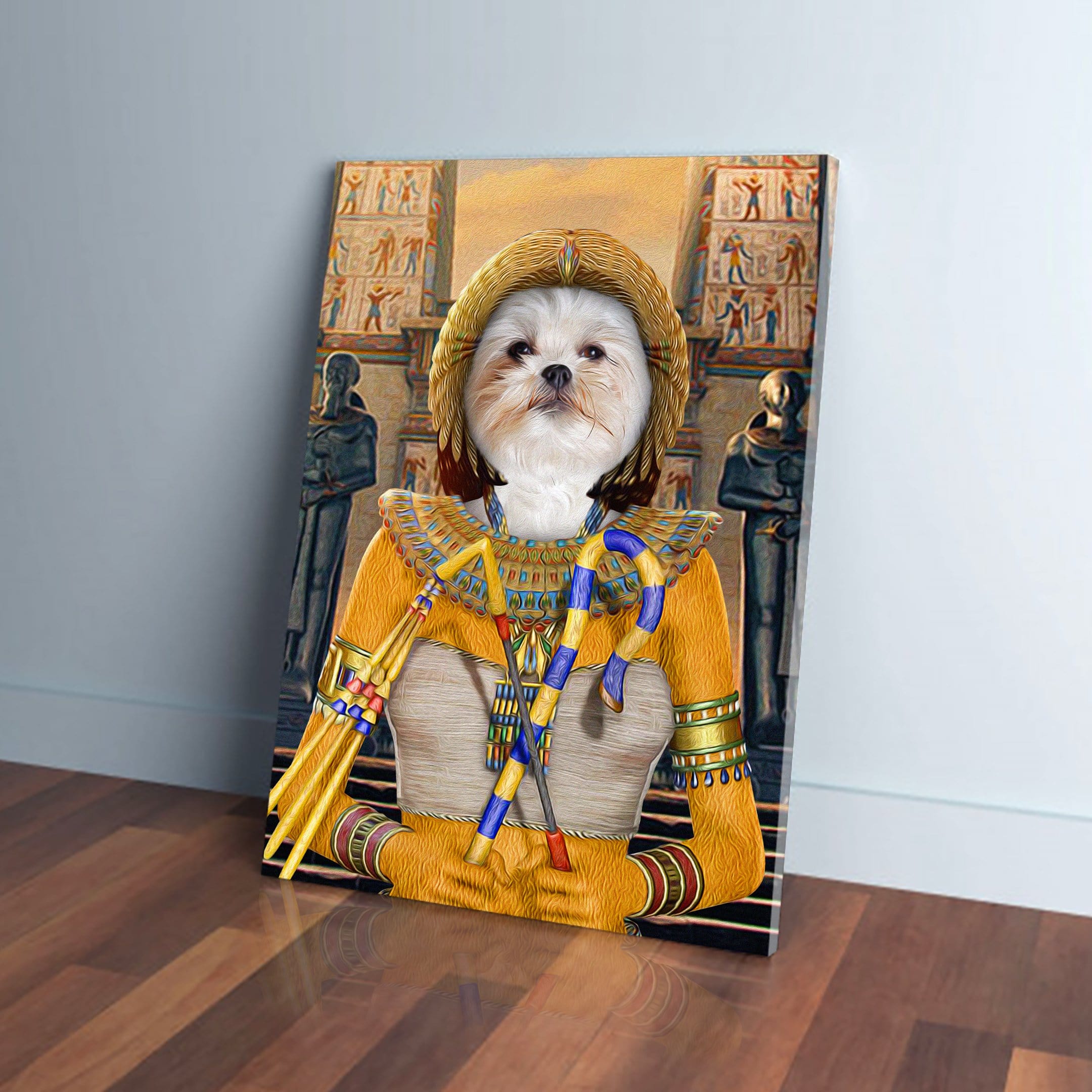 Custom 'Cleopawtra' pet canvas featuring a white Shih Tzu in an ancient Egyptian pharaoh costume.