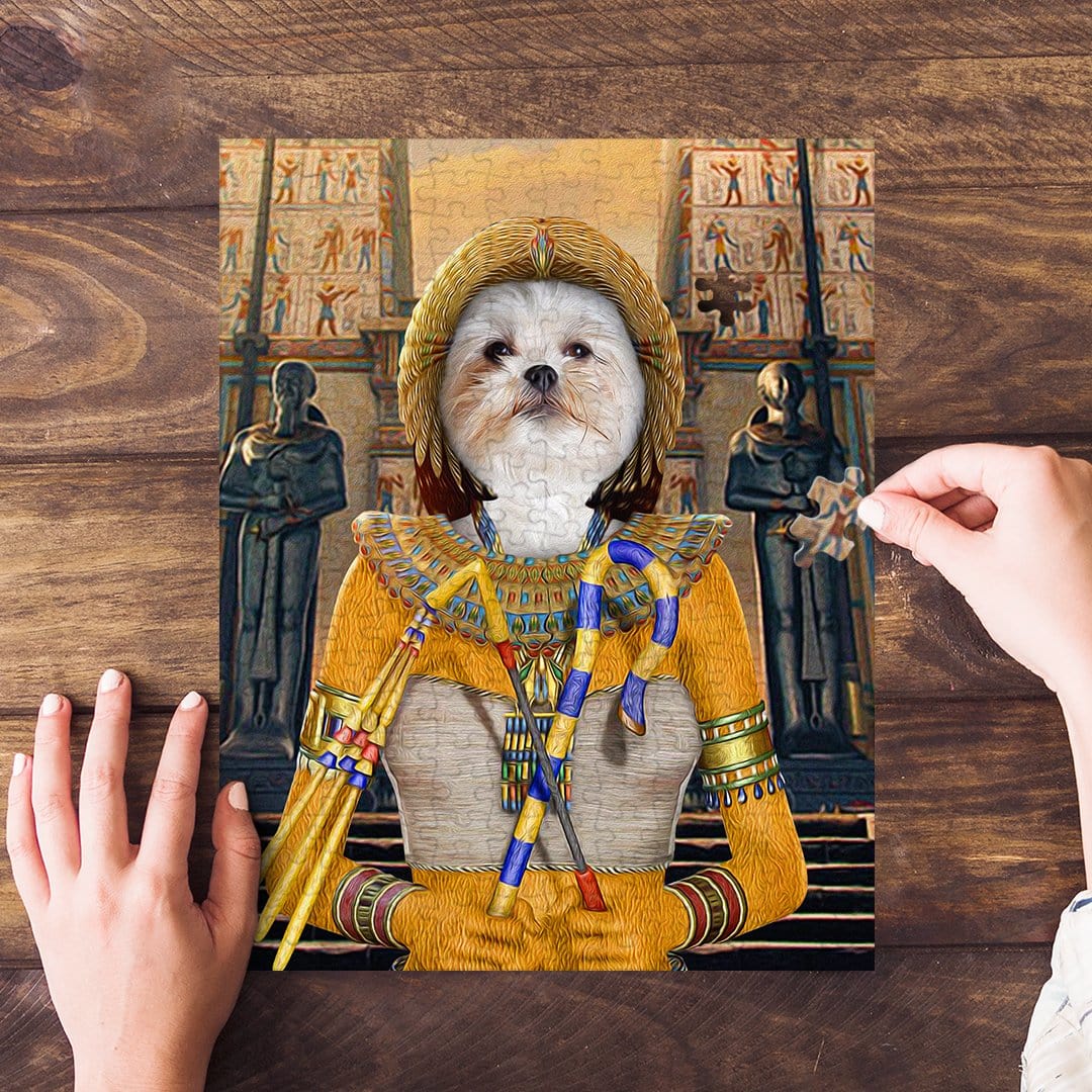 Personalized 'Cleopawtra' pet puzzle featuring a Maltese dog in an ancient Egyptian royal portrait.