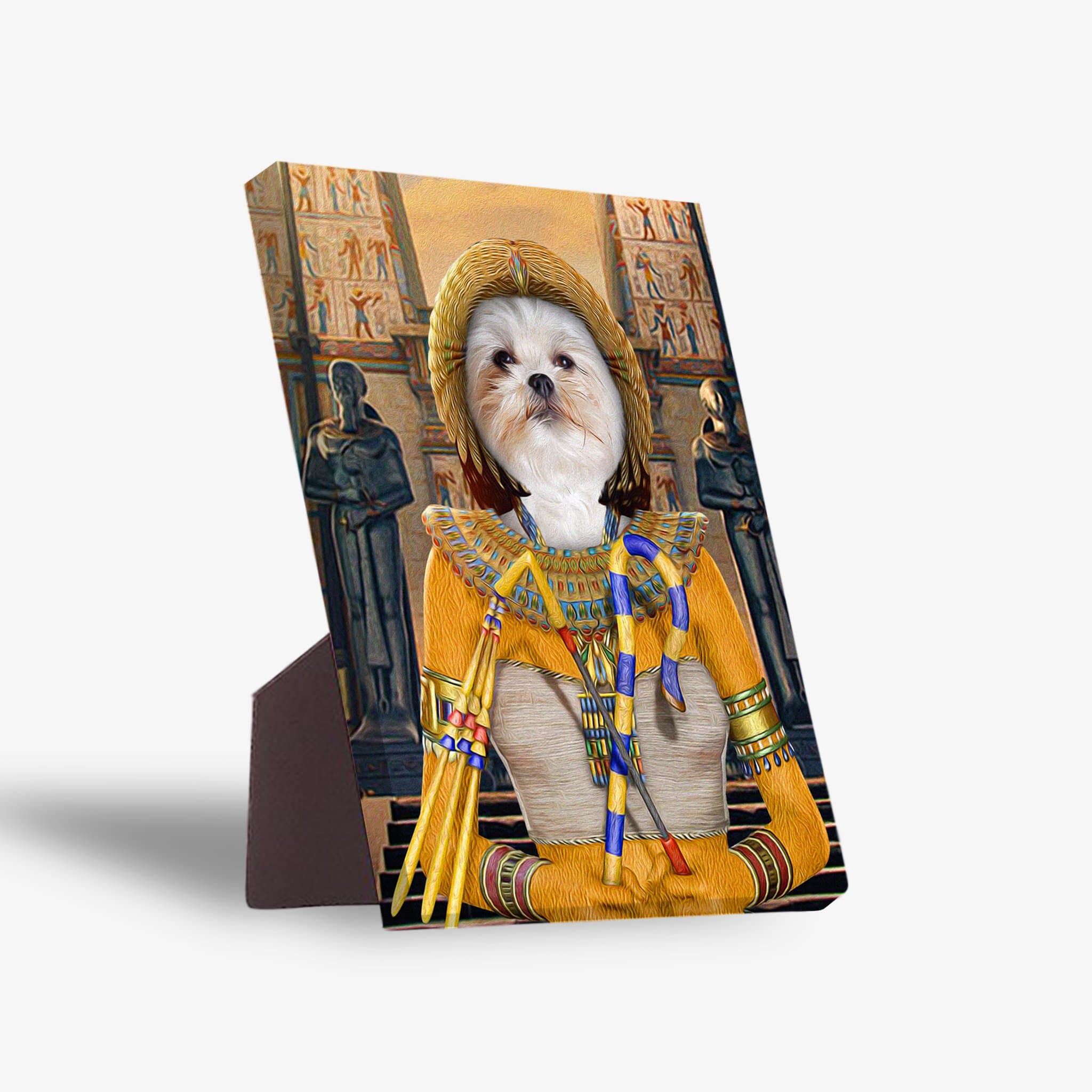 Cleopawtra personalized pet standing canvas featuring a Shih Tzu in an Egyptian pharaoh costume.