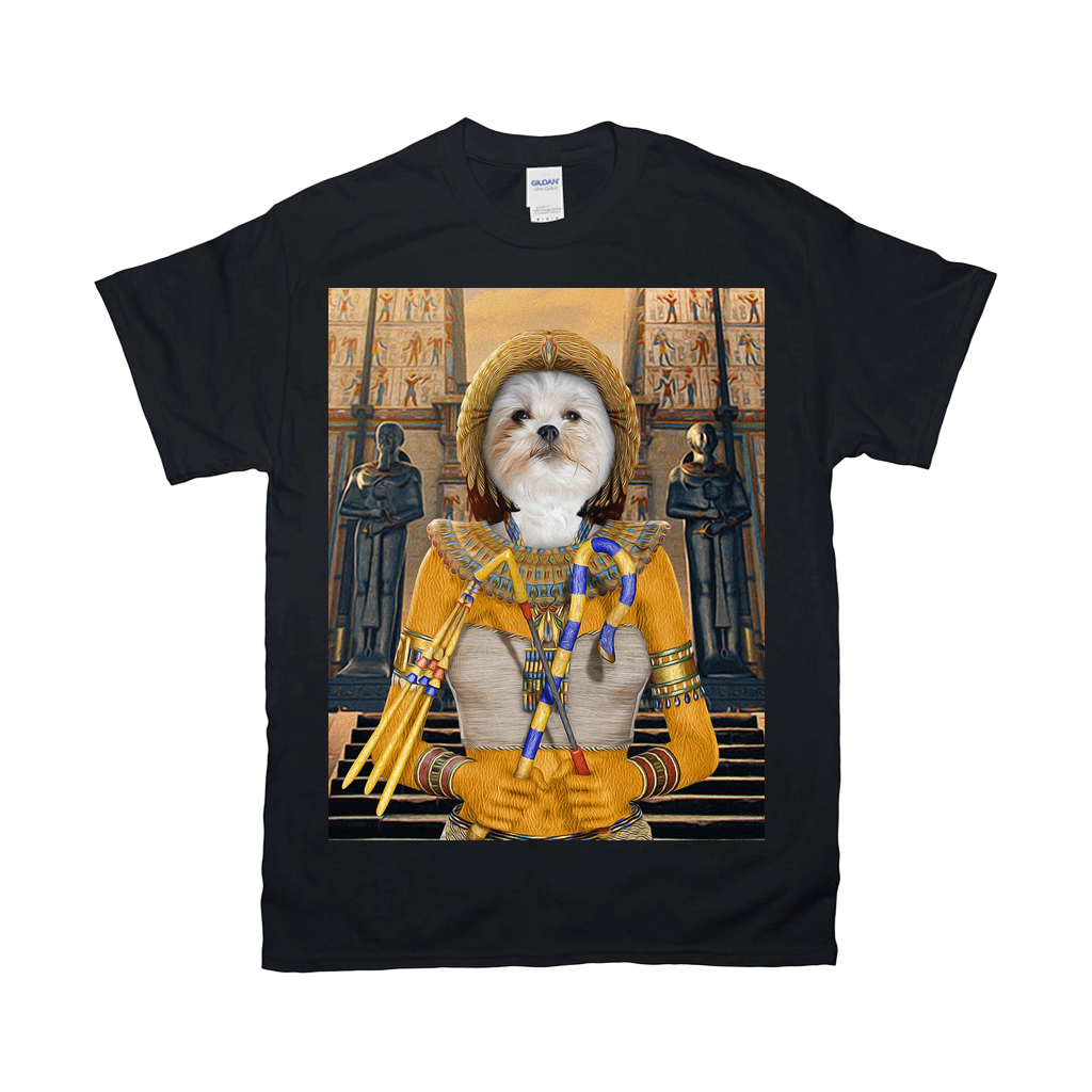 Black Gildan t-shirt featuring a personalized Maltese dog portrait as 'Cleopawtra' in an Egyptian setting.