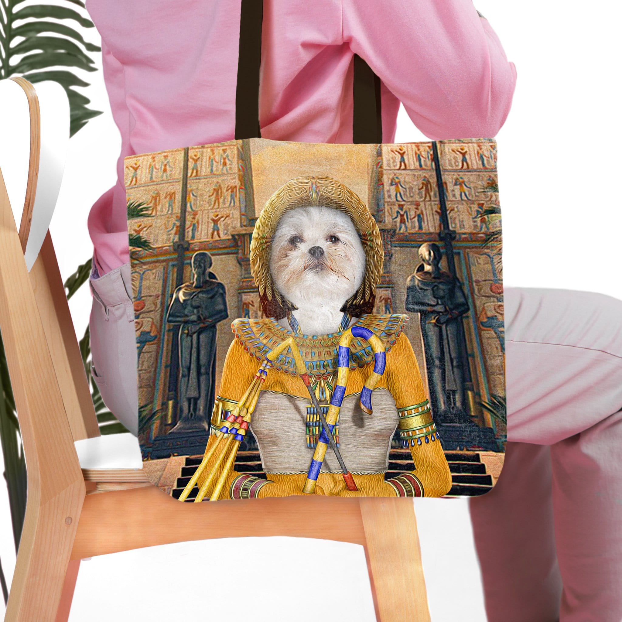 Personalized Cleopawtra tote bag featuring a Shih Tzu pet portrait in ancient Egyptian royal attire.