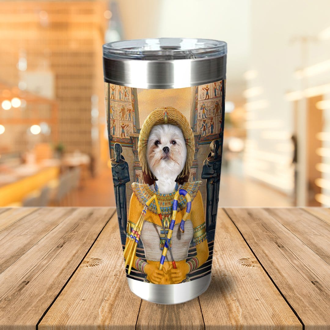 Personalized stainless steel tumbler with a custom dog portrait in an Egyptian pharaoh costume.