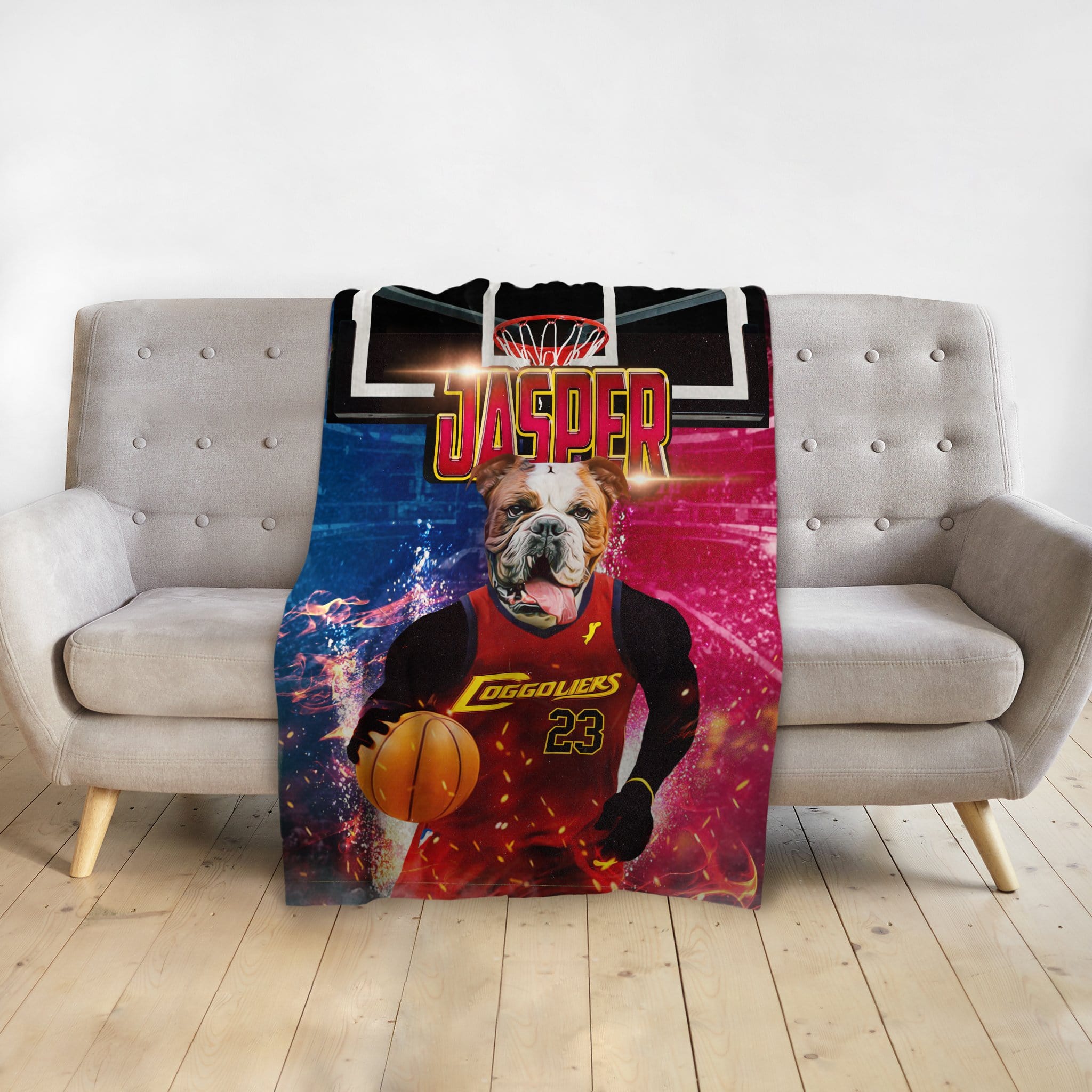 Personalized pet blanket with a bulldog in a basketball uniform, "Jasper" name, and "Doggoliers" text.