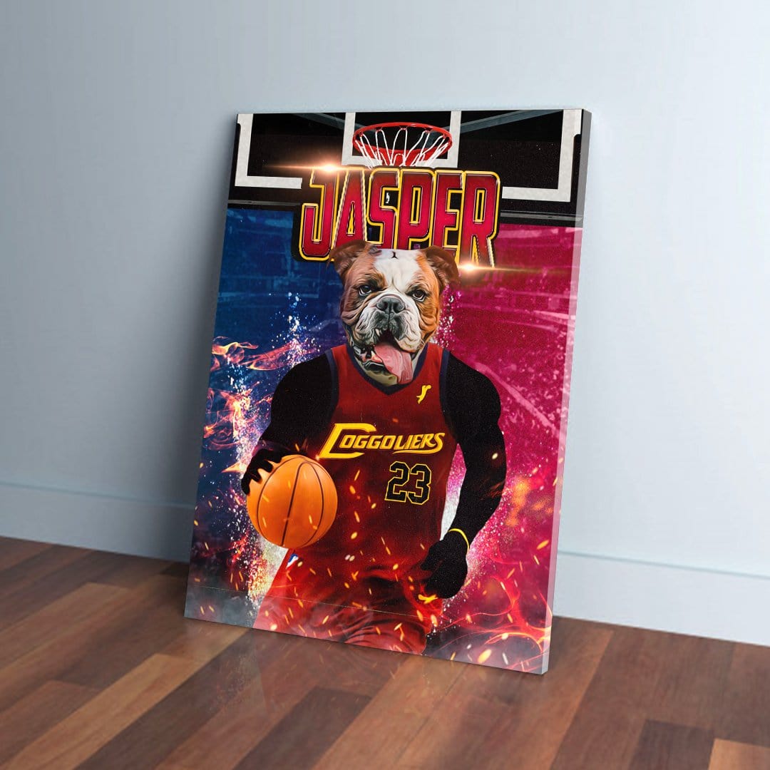 Personalized bulldog pet canvas in a red basketball jersey with "Doggoliers" and "23," holding a basketball.