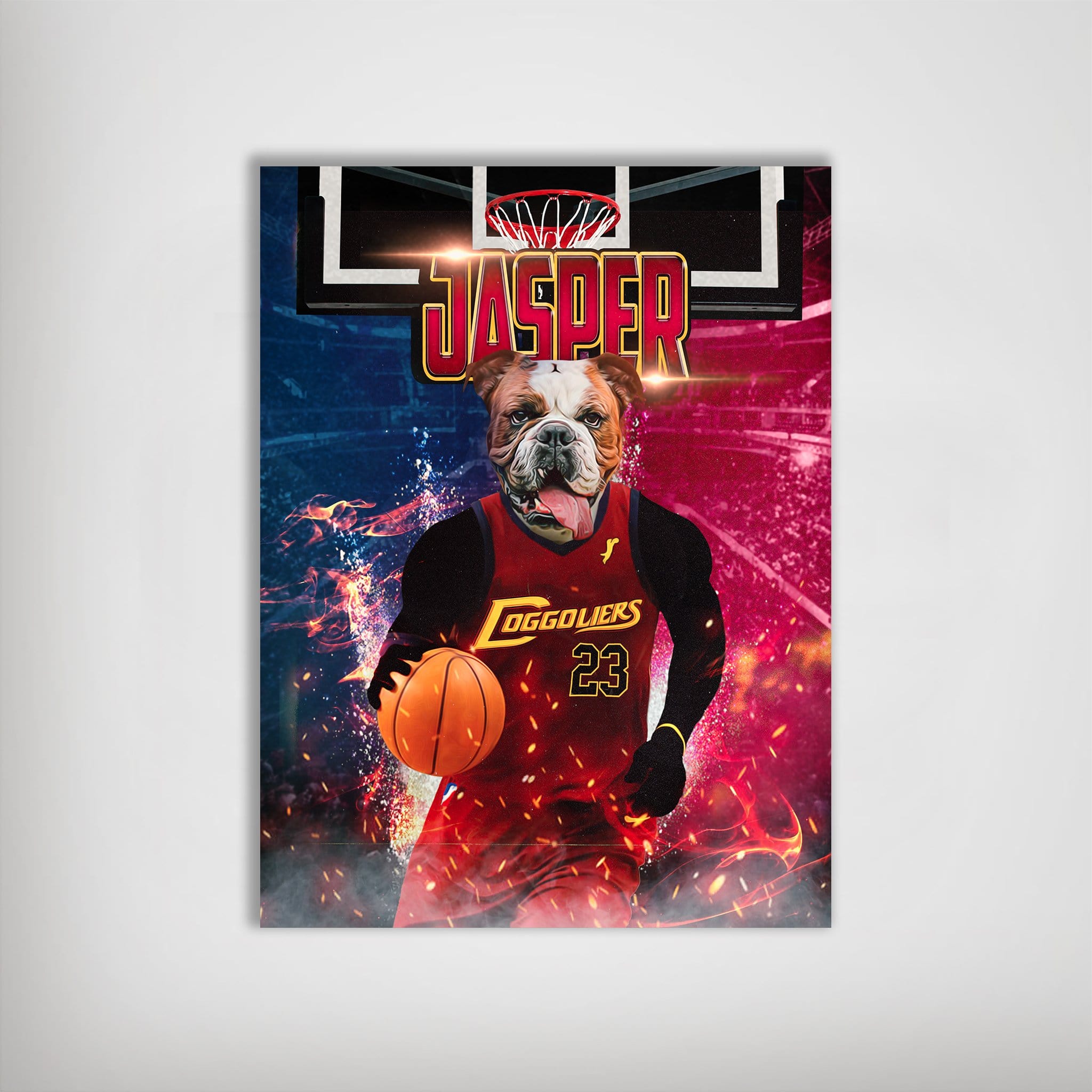 Personalized 'Cleveland Doggoliers' pet poster featuring a bulldog in a red basketball jersey with "Jasper" above.