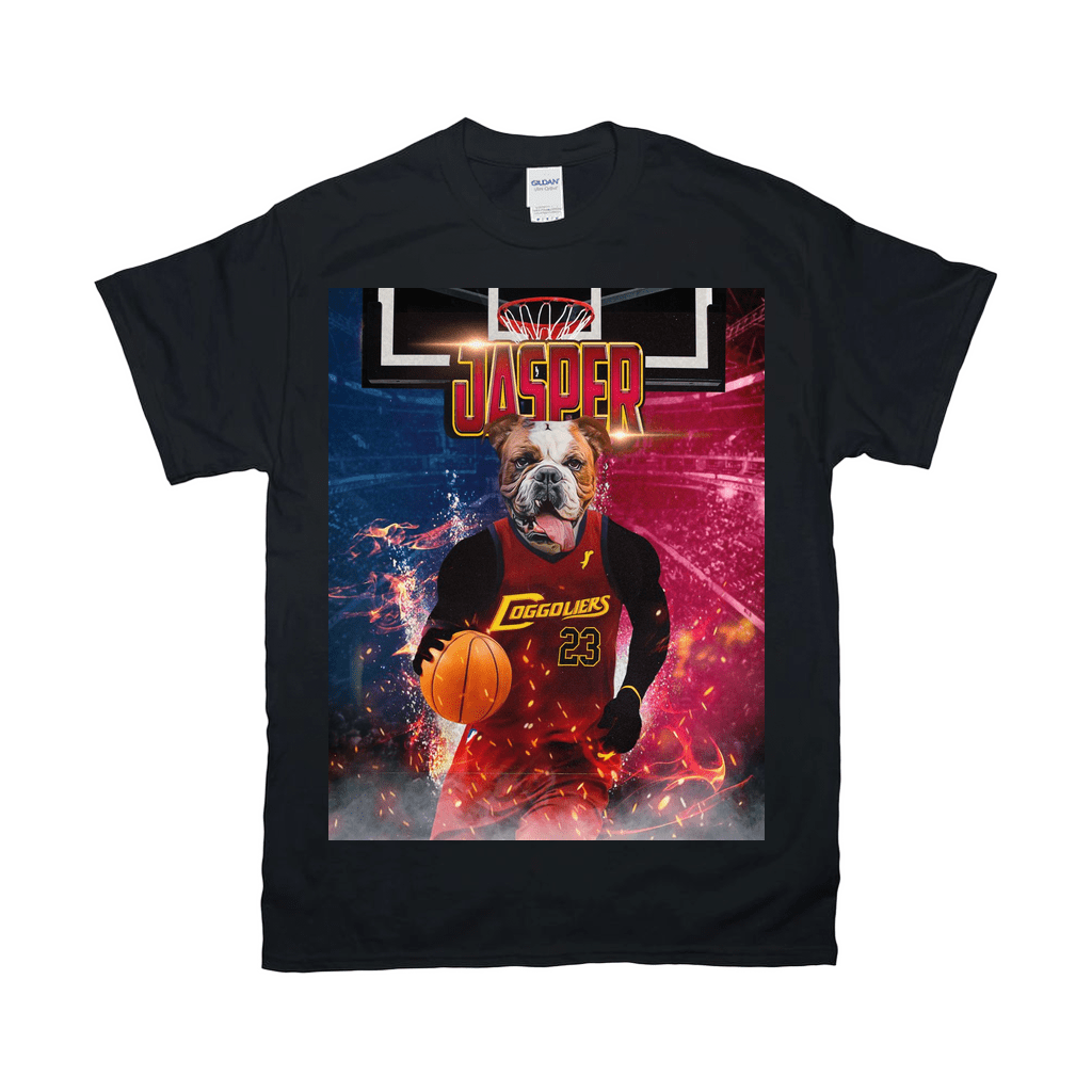 Black Gildan t-shirt with a bulldog in a red "Doggoliers 23" basketball jersey holding a ball.