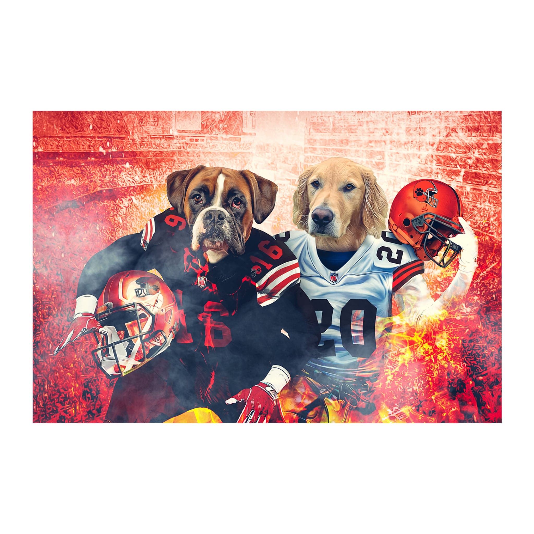 Custom digital portrait of a Boxer and Golden Retriever as Cleveland football players in a stadium.