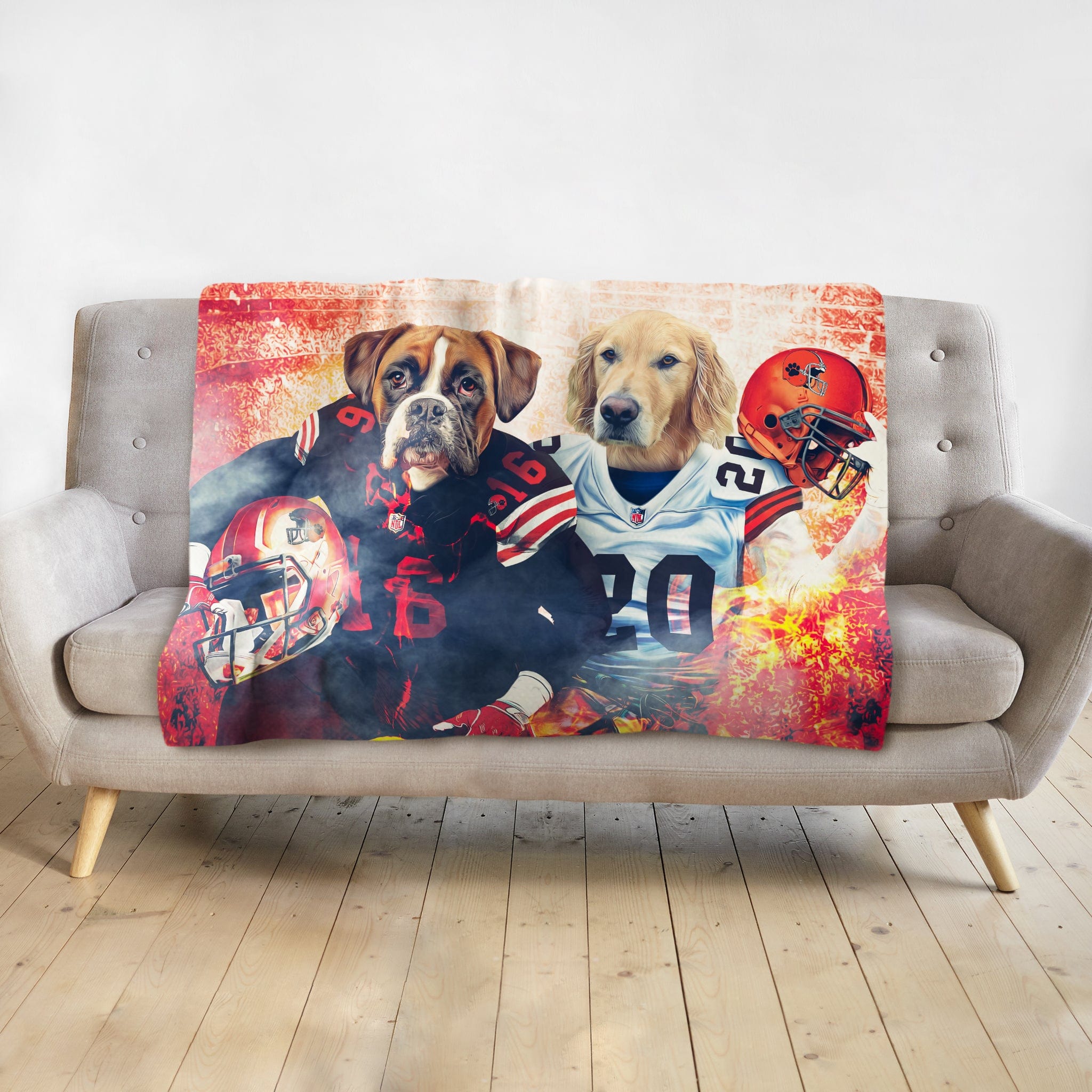 Personalized two-pet blanket featuring a boxer and golden retriever in football uniforms.