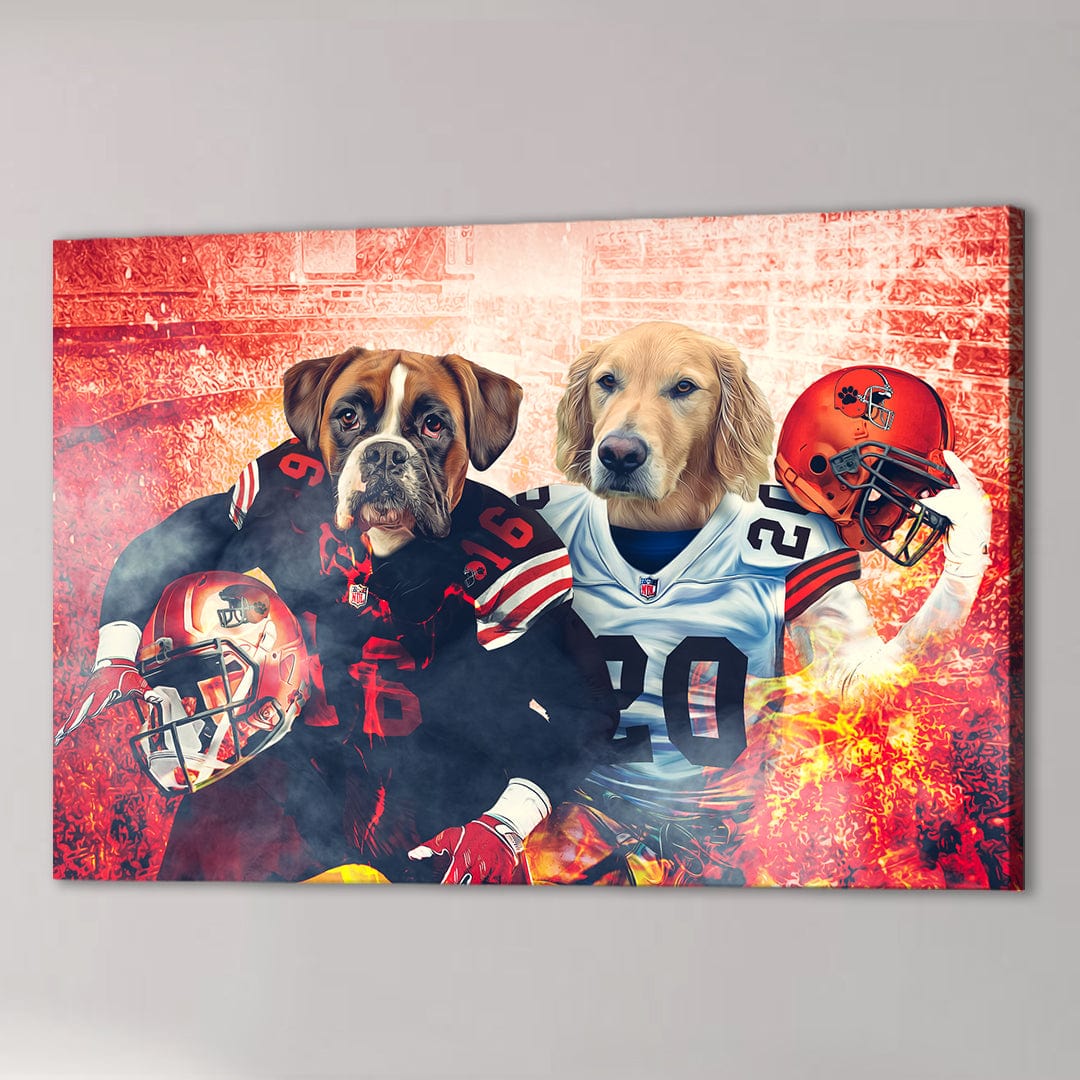 Personalized Cleveland Doggos canvas featuring a boxer and golden retriever in football jerseys.