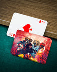 Personalized playing cards featuring two dogs in football uniforms on a red and yellow background.