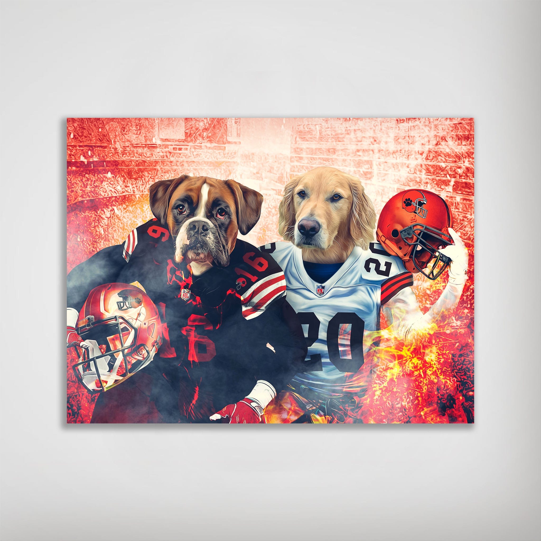 Personalized matte poster featuring two dogs in football uniforms with helmets, against a fiery red background.