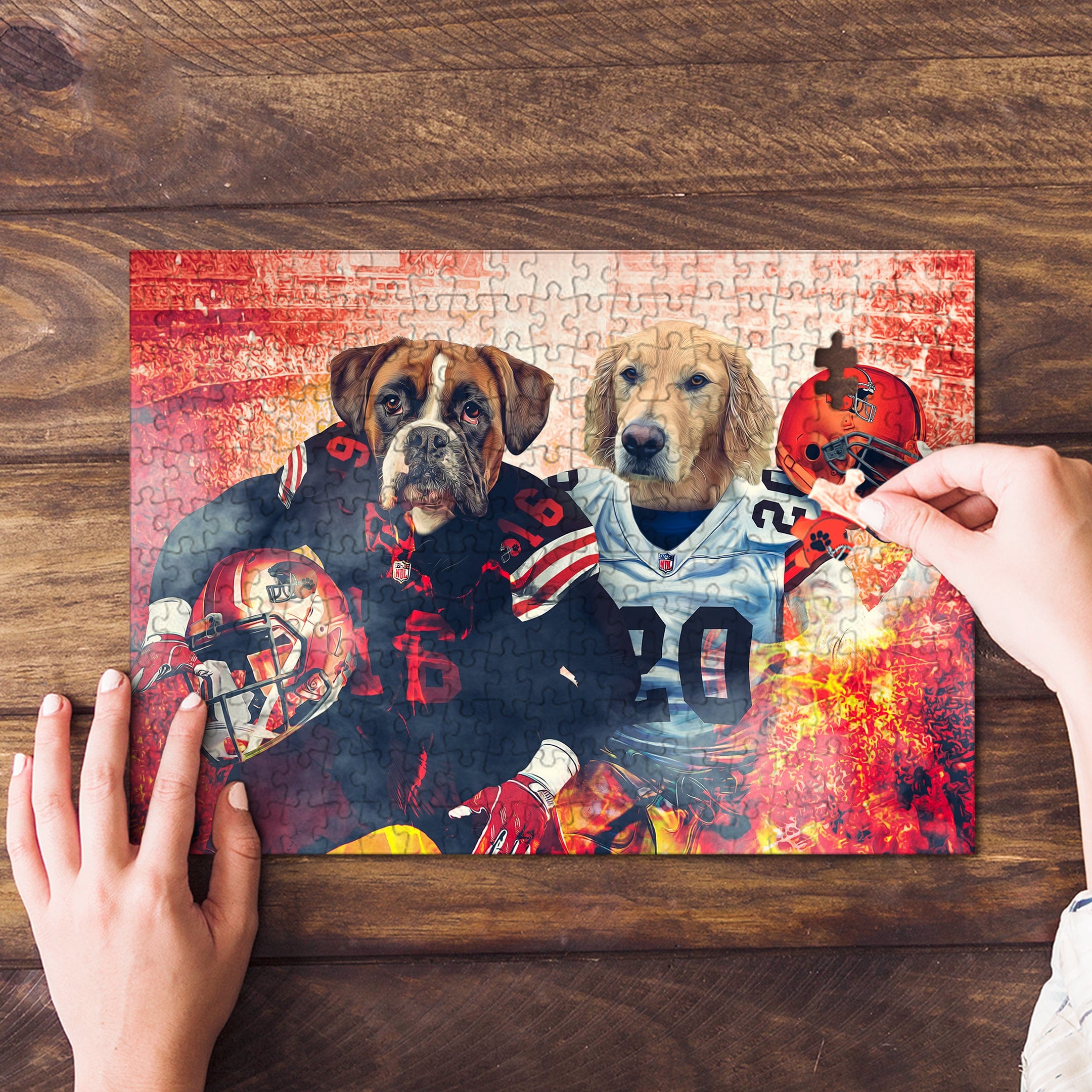 Personalized 2 pet puzzle featuring a boxer and golden retriever in football uniforms.