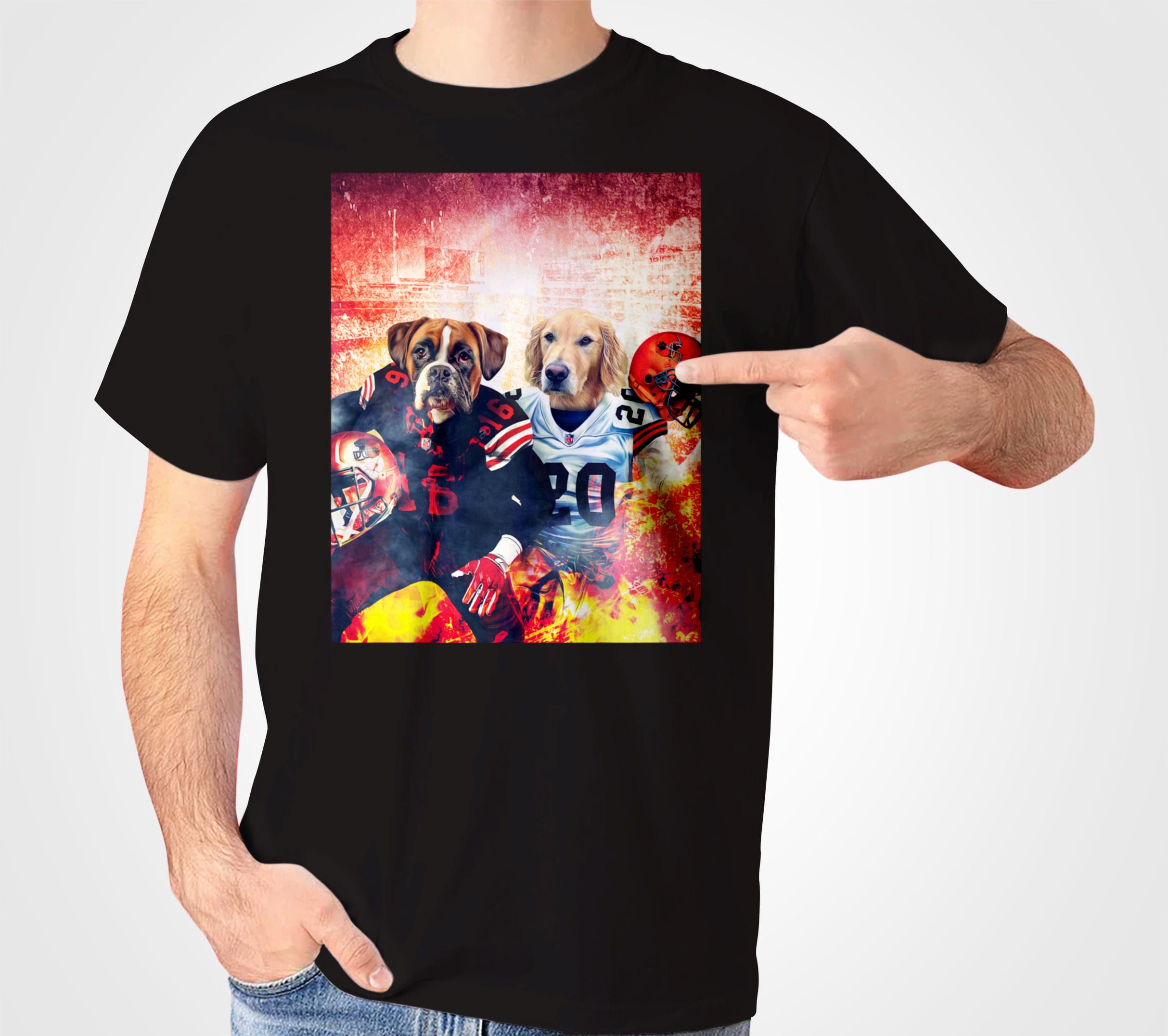 Black Gildan t-shirt with a personalized graphic of two pets dressed as football players.