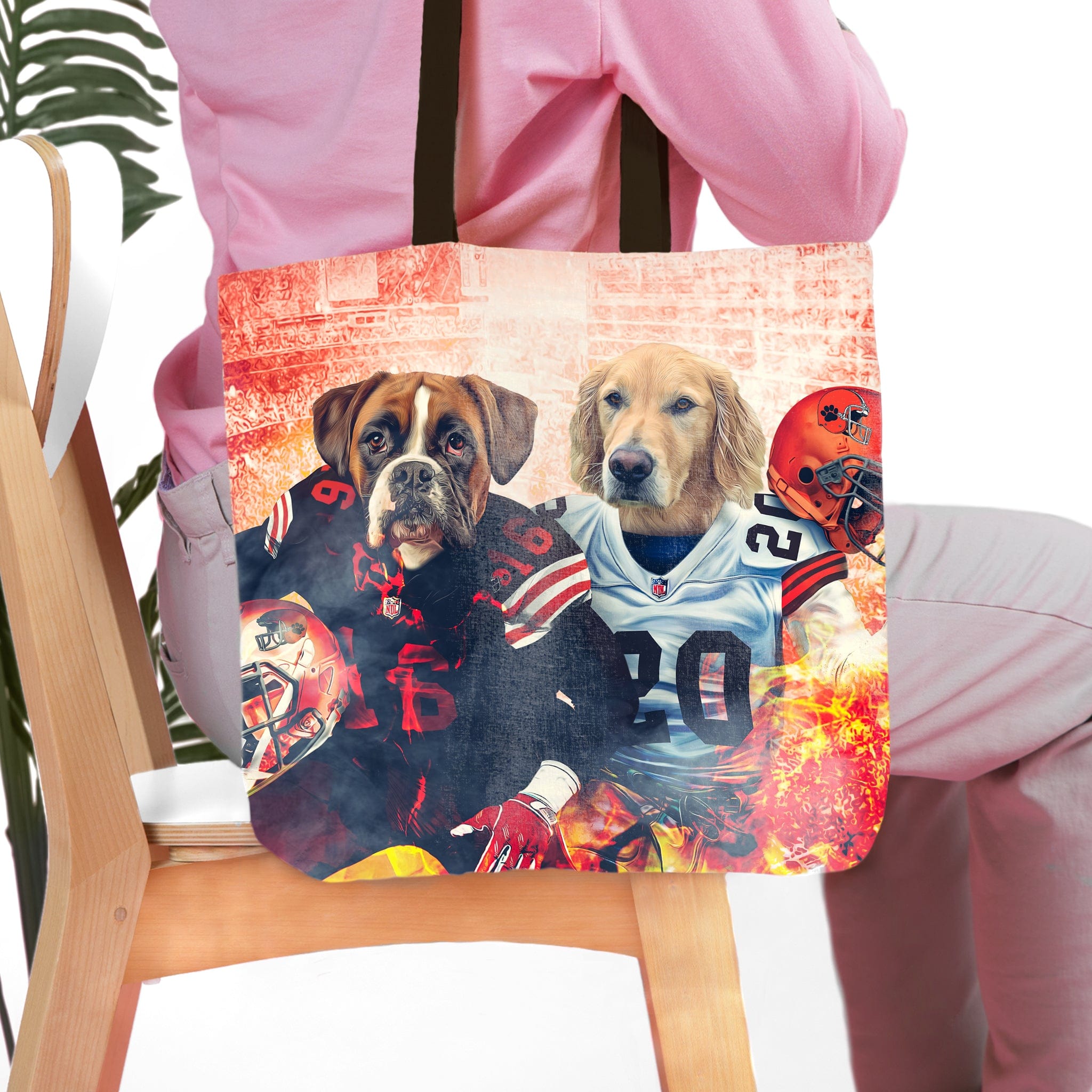Personalized 2 pet tote bag with dog portraits in Cleveland Doggos football uniforms.