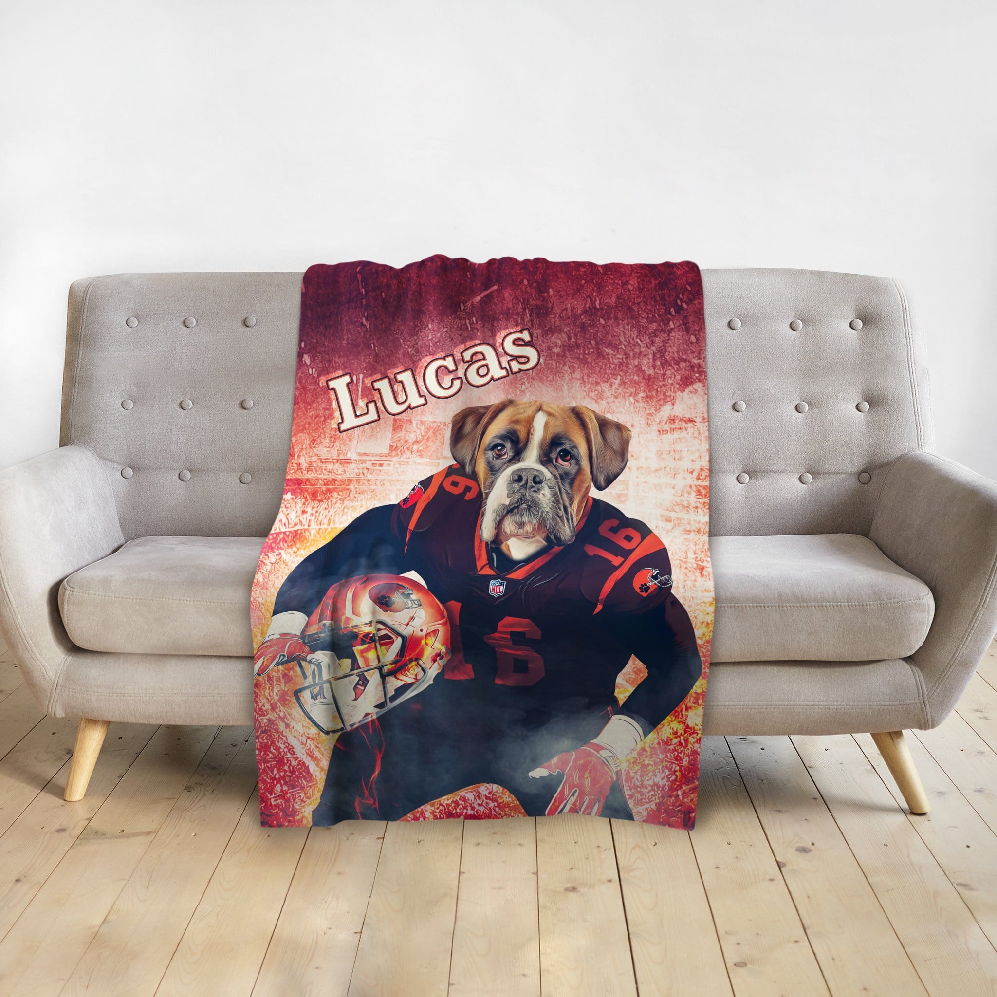 Personalized pet blanket with a boxer dog in a football uniform, named Lucas.