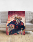 Personalized pet blanket with a boxer dog in a football uniform, named Lucas.