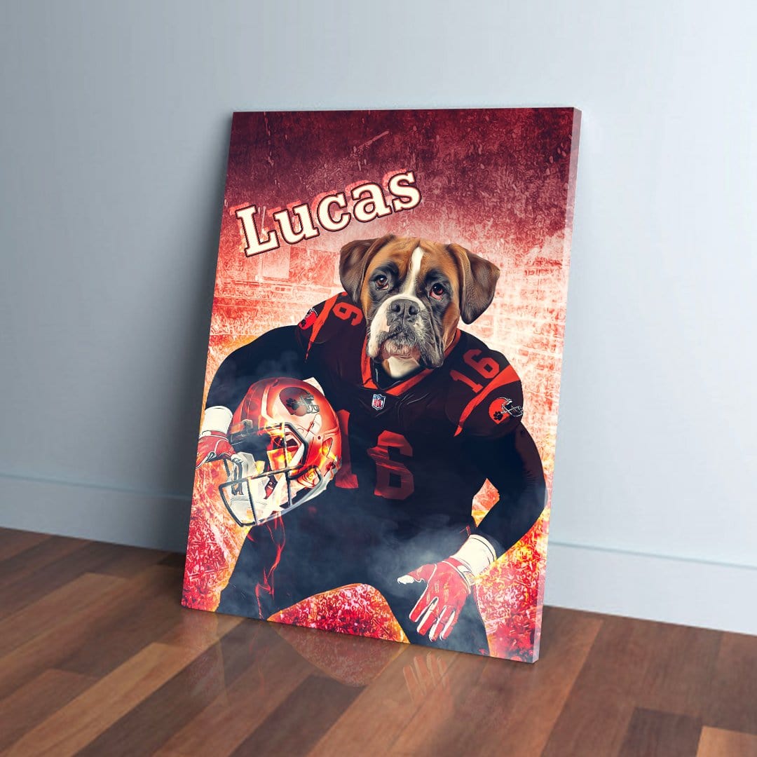 Personalized pet canvas featuring a boxer dog in a black and red football uniform, holding a helmet, with "Lucas" above.