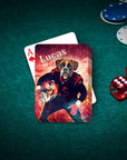 Personalized playing cards featuring a custom dog portrait in a football uniform, with an Ace of Spades.