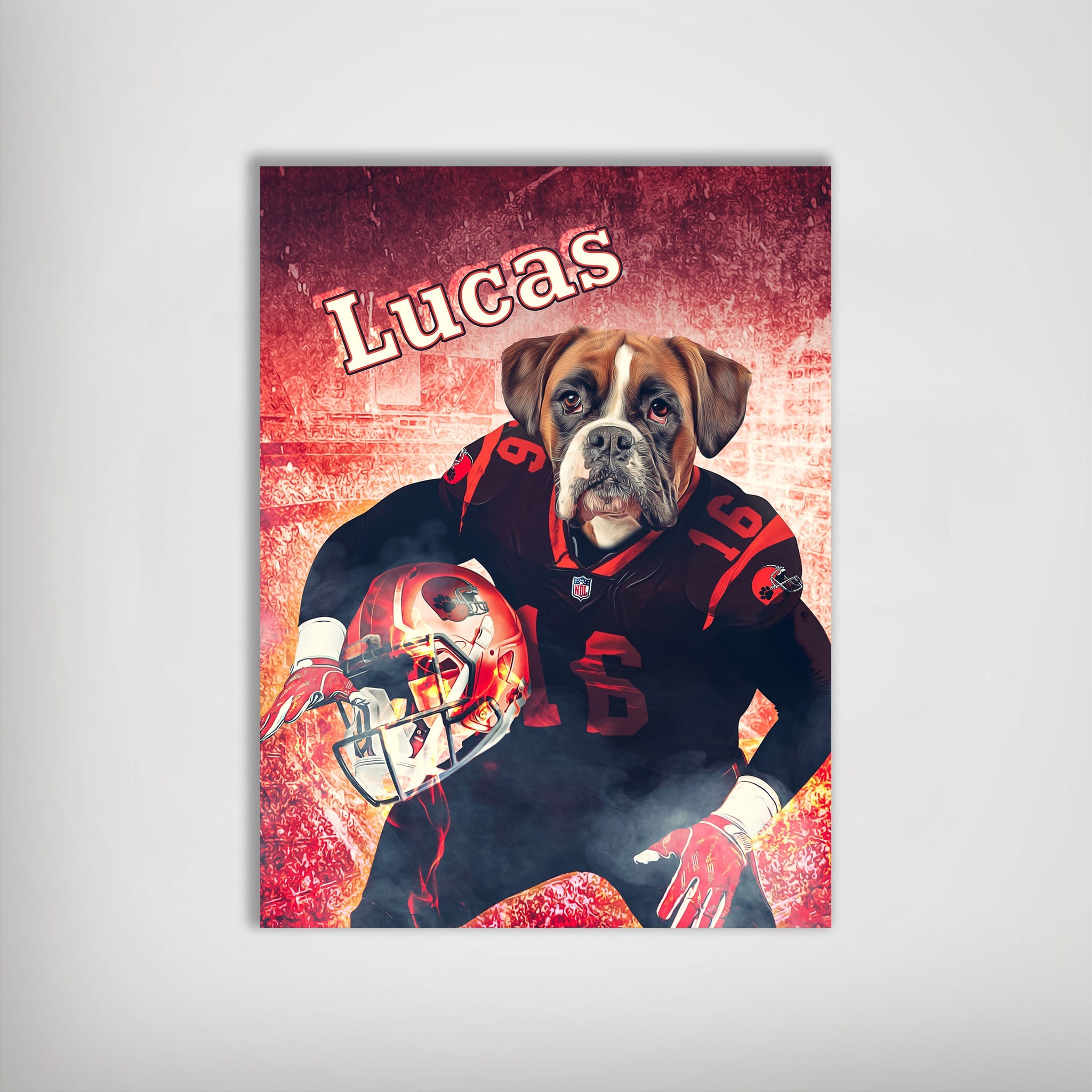 Personalized 'Cleveland Doggos' pet poster featuring a boxer dog in a black and red football uniform.