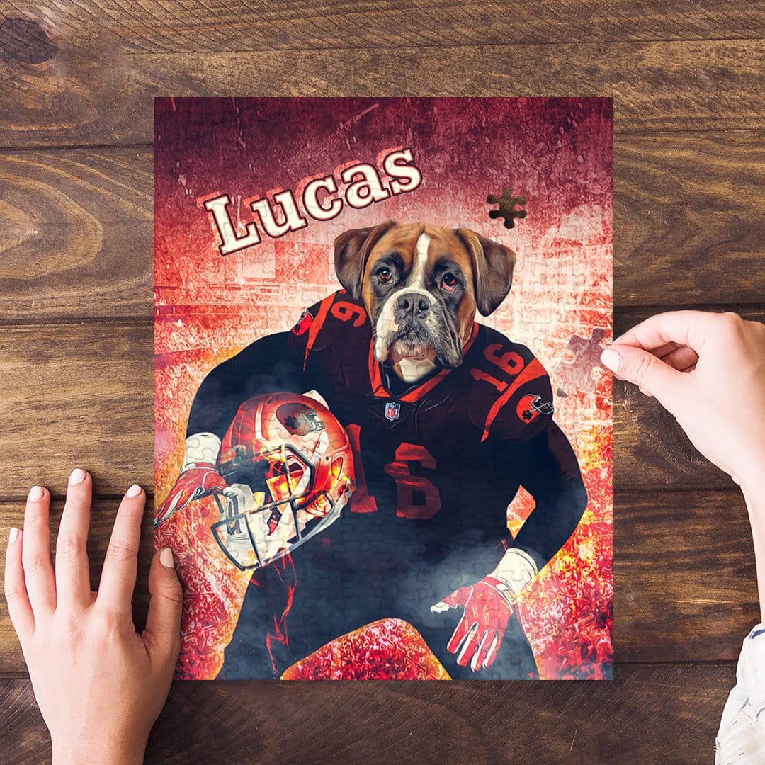 Personalized 'Cleveland Doggos' pet puzzle featuring a boxer dog in a football uniform.