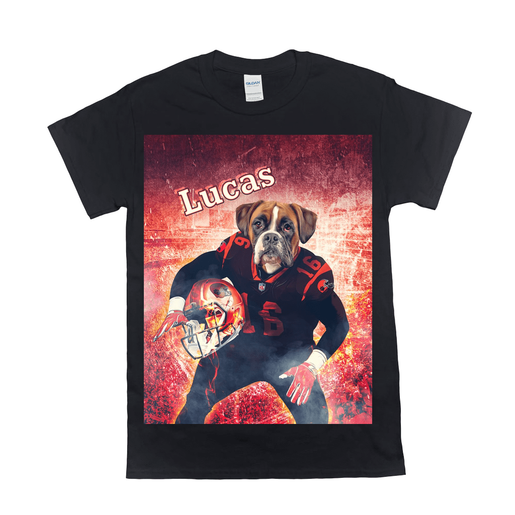 Black Gildan t-shirt with a personalized graphic of a boxer dog in a football uniform, holding a helmet.