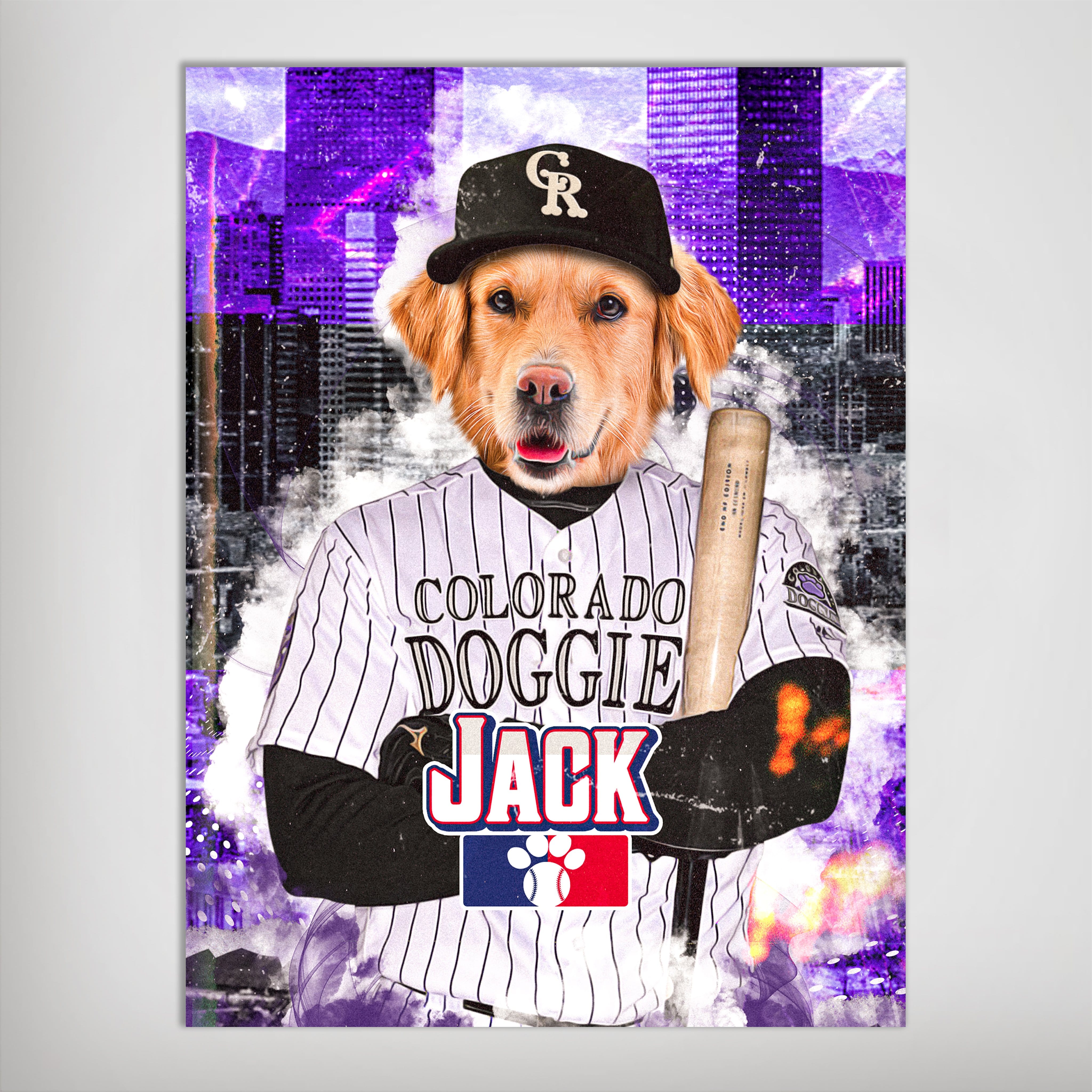 Personalized 'Colorado Doggies' pet poster featuring a golden retriever in a baseball uniform with a bat, against a purple cityscape.