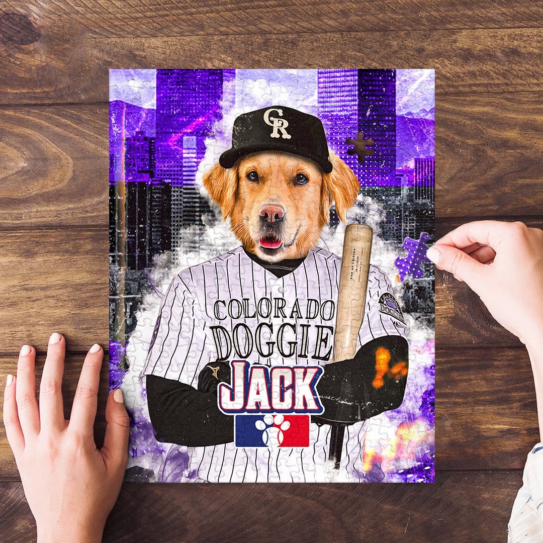 Personalized pet puzzle featuring a golden retriever in a baseball uniform with a purple city background.