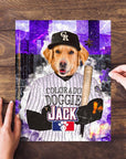 Personalized pet puzzle featuring a golden retriever in a baseball uniform with a purple city background.