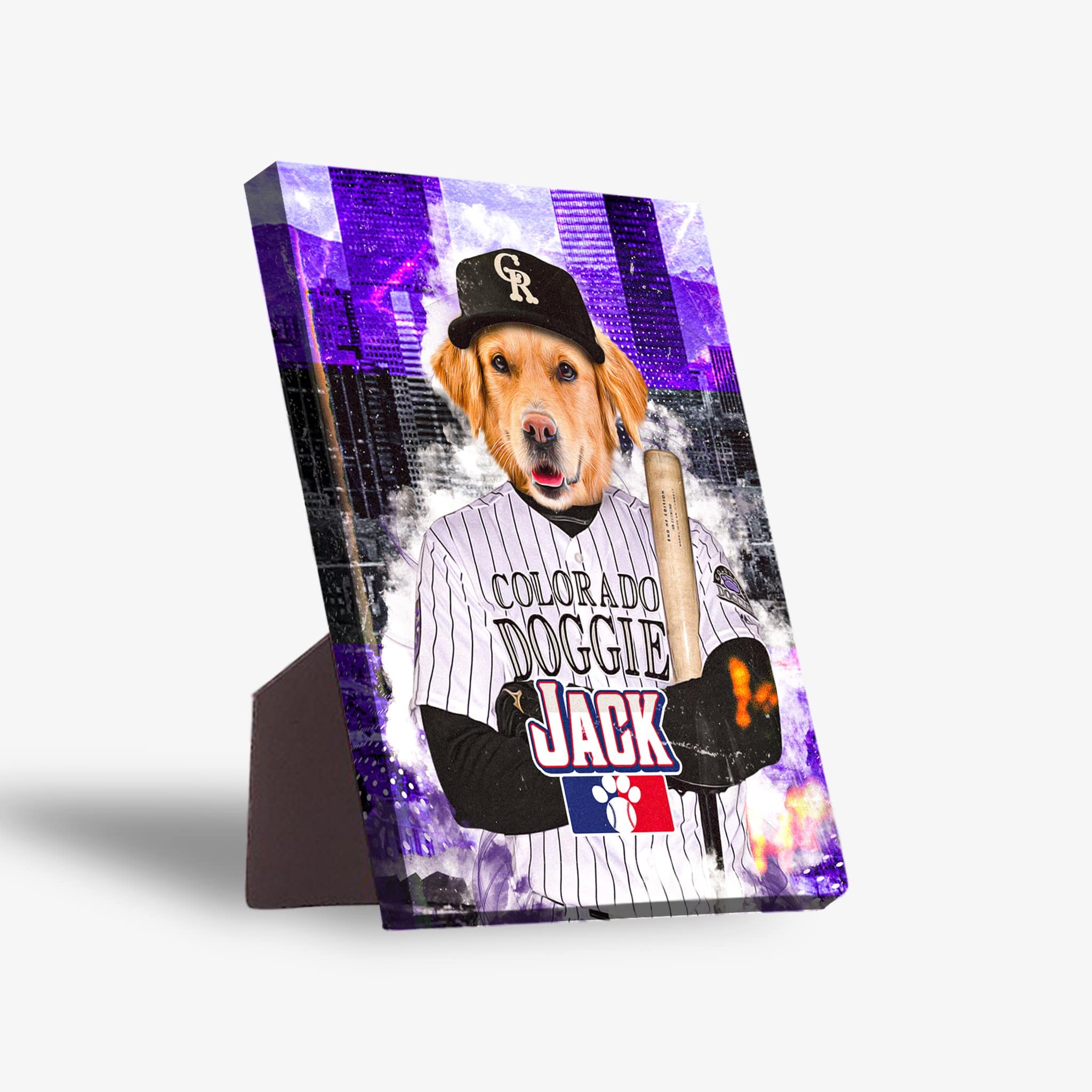 Personalized Colorado Doggies standing canvas featuring a golden retriever in a baseball uniform with a bat.