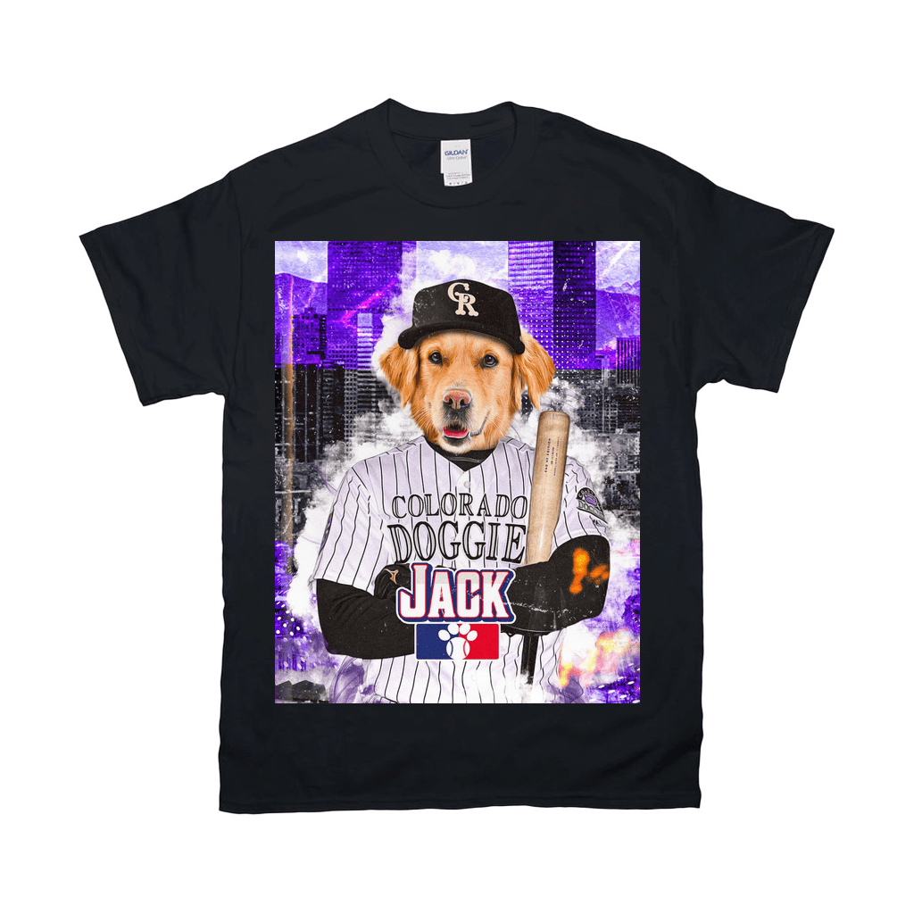 Black Gildan t-shirt with a golden retriever in a baseball uniform, cap, and holding a bat, against a purple city skyline.