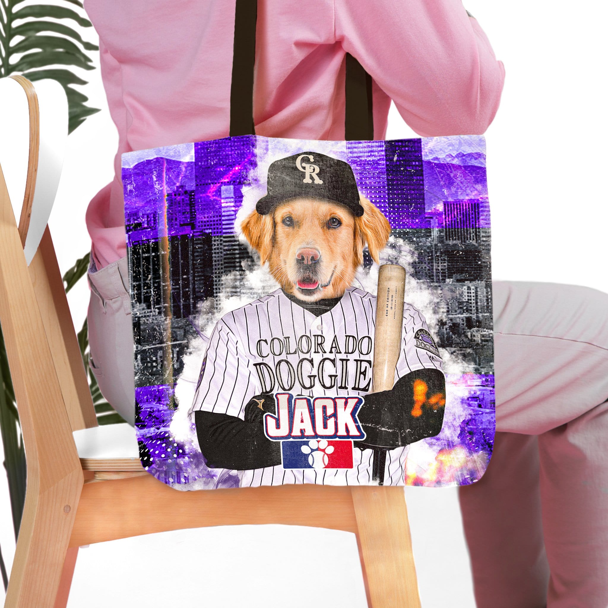 Personalized Colorado Doggies tote bag with a golden retriever in a baseball uniform.