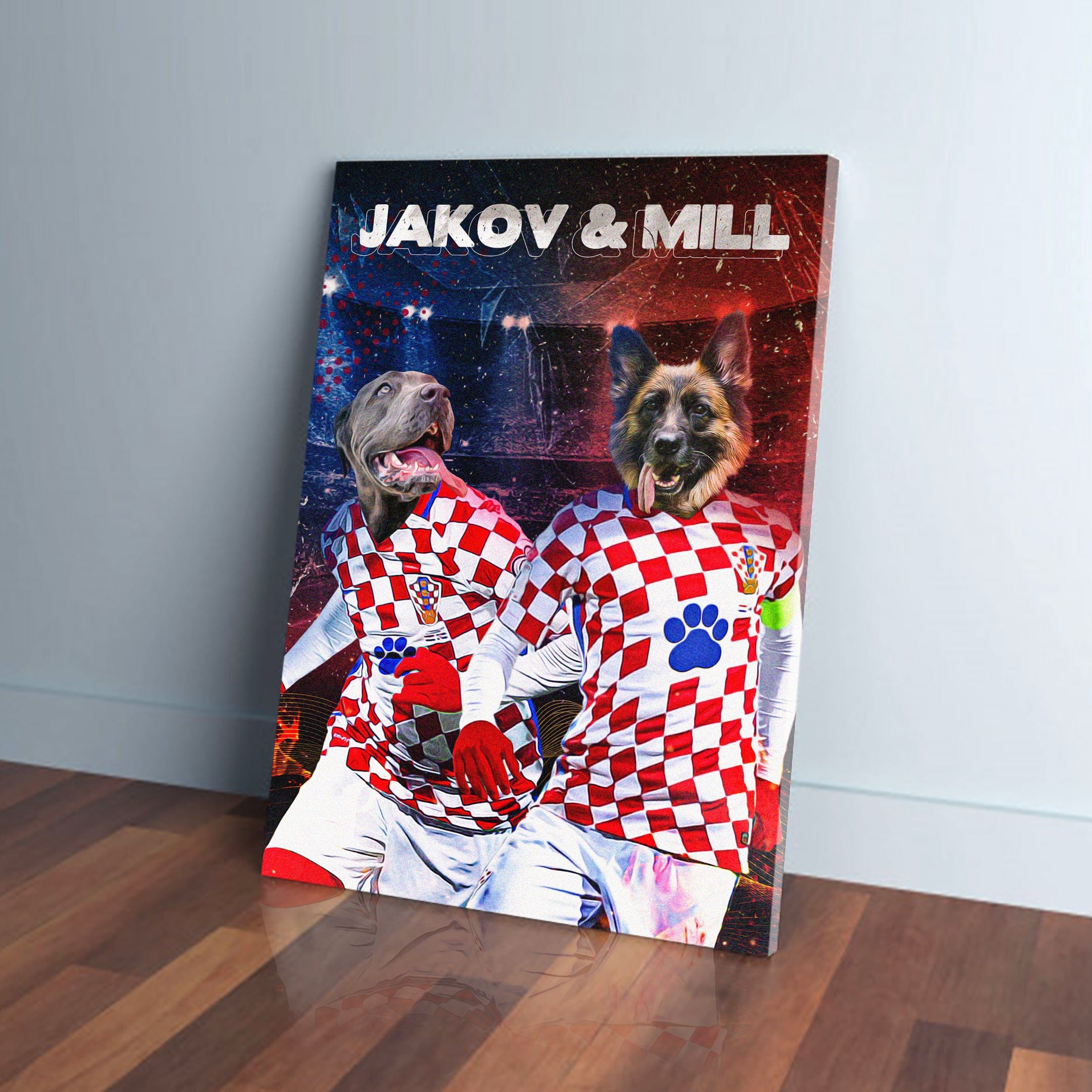 Personalized "Croatia Doggos" canvas featuring two pets in red and white checkered soccer jerseys.